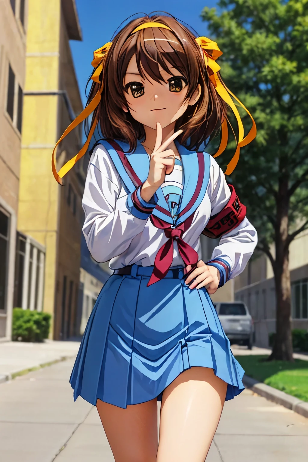 very detailed,High resolution,(masterpiece_1.0),(highest quality_1.0),1 girl, alone,haruhi suzumiya, cowboy shot, school uniform, yellow hair band, whole body, looking at the viewer,