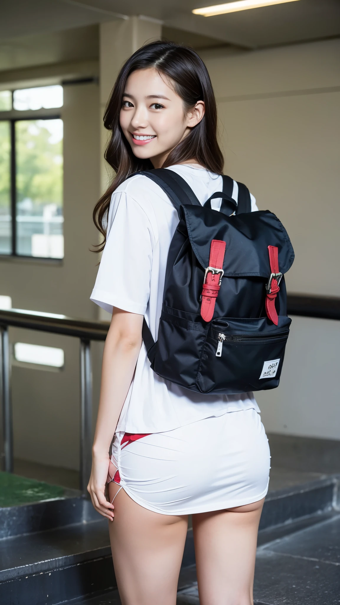 18 year old female high school girl standing on the stairs of school,white shirt,blue and red plaid miniskirt:1.5,best smile,white panties:1.5,blonde with short cut:1.5,Side waves with a short cut,Carrying a black rucksack,butt exposed:1.5,