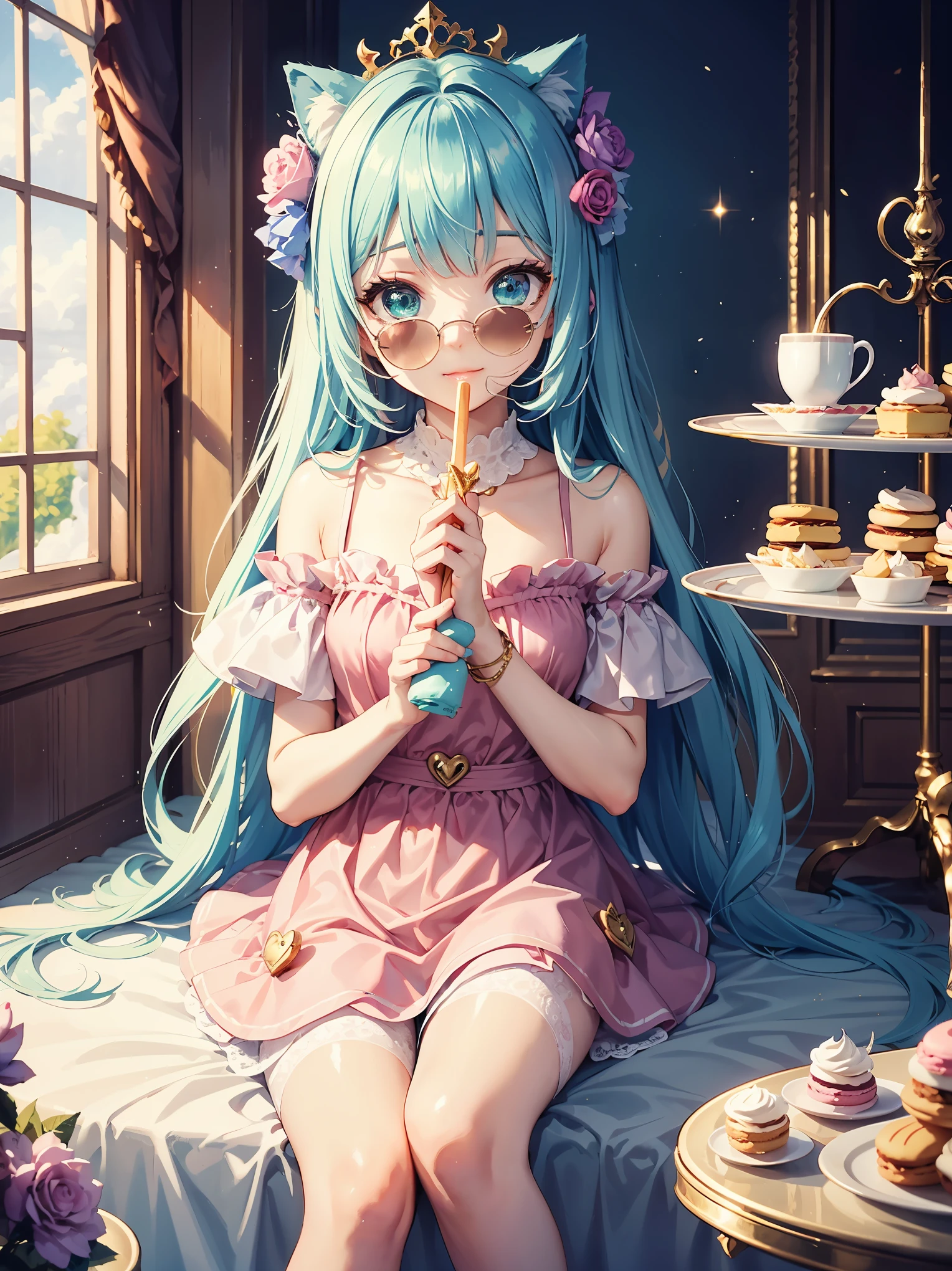 ((masterpiece)), ((top quality)), (super detailed), ((cute)), cute, (lovely), ((unbelievably super cute)), ((very detailed)), 4k, (8k), top quality, 

Guidelines for creating illustrations that express a "dreamy cute" worldview.

Theme:.

Dreamy fairy-tale world
Sweet and romantic atmosphere
Expressing a girl's longing
Elements: 1.

1. colors: pastel colors: pink, light blue, lavender, mint green, etc.

Pastel colors: pink, light blue, lavender, mint green, etc.
Light shades: white, beige, cream, etc.
Sparkling elements: gold, silver, pearls, etc.
2. motifs: animals

Animals: rabbits, cats, bears, unicorns, etc.
Sweets: cakes, macaroons, ice cream, etc.
Magic items: walking sticks, tiaras, magic wands, etc.
Flowers: roses, ranunculus, violets, etc.
3. composition

Dreamy landscape: above the clouds, rainbow, castle, etc.
Girl in the center: sitting, standing, playing, etc.
Painted with animals or sweets
Fairy-tale accessories: hearts, stars, ribbons, etc.
4. tastes: soft line drawings

Soft line drawings
Delicate depiction
Rounded forms
Watercolor, pastel-like texture
Generated example: A girl in a pink dress on a cloud with a rabbit and a macaron.

Above the clouds, a girl in a pink dress is holding a rabbit and macaroons
Girl on unicorn flying toward rainbow against lavender sky
In a mint green castle, a girl is making a cake with a magic stick
In a white room decorated with lace and ribbons, a girl is having a tea party.