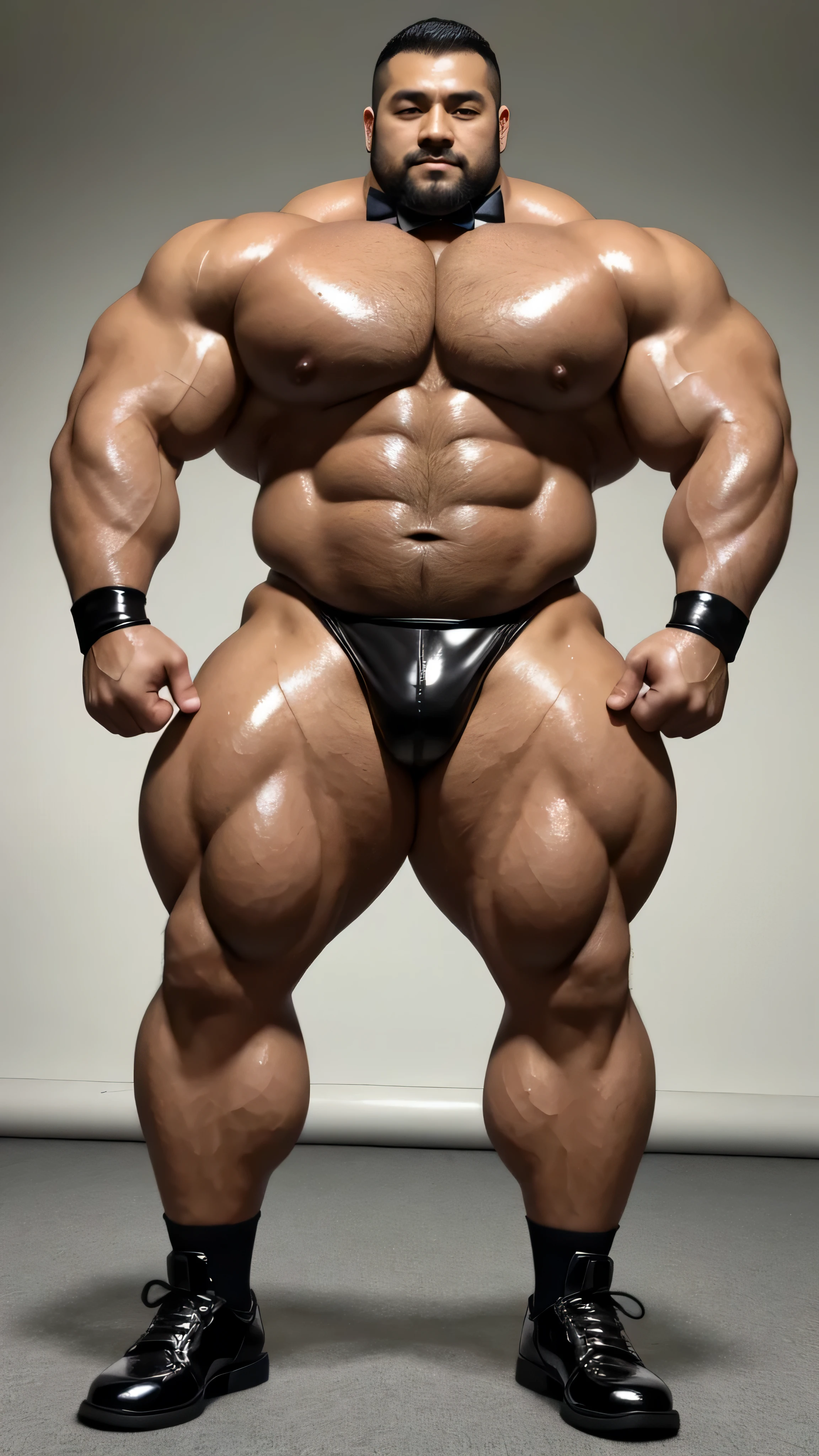 There is only one person in the picture，一位中国bodybuilding运动员，30 years old，High, bodybuilding，standing in front of gray background board，Paired with glossy black leather bow tie，short hair, O-shaped beard，Perfect body, Dark and shiny complexion，Muscle bulge, muscular, Very big pecs，Very sexy abs，Leg muscles are very developed，High and burly，Huge bumpy area，Brighten oily skin，Black leather shiny leather gloves, Wearing a gold leather shiny thong, Wear black leather shoes to shine，handsome face，Detailed facial features, Correct and accurate male anatomy, full-body shot, Large pecs, Wet oil wax gloss for oily muscles and skin，Professional photography。