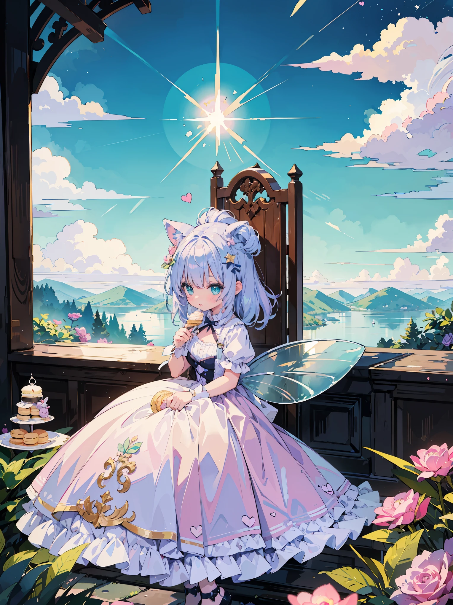 ((masterpiece)), ((top quality)), (super detailed), ((cute)), cute, (lovely), ((unbelievably super cute)), ((very detailed)), 4k, (8k), top quality, Guidelines for creating illustrations that express a "dreamy cute" worldview. Theme:. Dreamy fairy-tale world Sweet and romantic atmosphere Expressing a girl's longing Elements: 1. 1. colors: pastel colors: pink, light blue, lavender, mint green, etc. Pastel colors: pink, light blue, lavender, mint green, etc. Light shades: white, beige, cream, etc. Sparkling elements: gold, silver, pearls, etc. 2. motifs: animals Animals: rabbits, cats, bears, unicorns, etc. Sweets: cakes, macaroons, ice cream, etc. Magic items: walking sticks, tiaras, magic wands, etc. Flowers: roses, ranunculus, violets, etc. 3. composition Dreamy landscape: above the clouds, rainbow, castle, etc. Girl in the center: sitting, standing, playing, etc. Painted with animals or sweets Fairy-tale accessories: hearts, stars, ribbons, etc. 4. tastes: soft line drawings Soft line drawings Delicate depiction Rounded forms Watercolor, pastel-like texture Generated example: A girl in a pink dress on a cloud with a rabbit and a macaron. Above the clouds, a girl in a pink dress is holding a rabbit and macaroons Girl on unicorn flying toward rainbow against lavender sky In a mint green castle, a girl is making a cake with a magic stick In a white room decorated with lace and ribbons, a girl is having a tea party.
