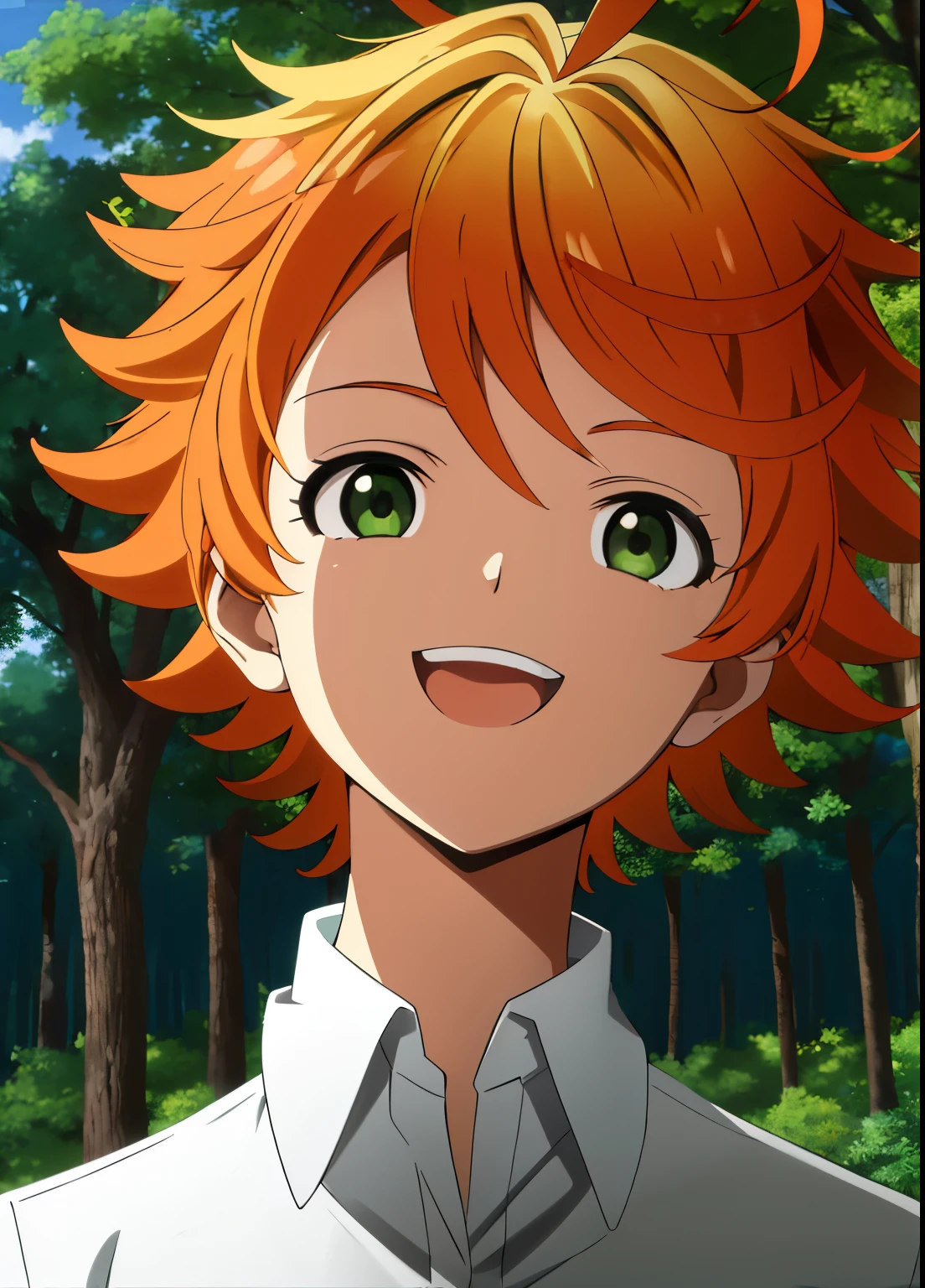 promisedNeverland masterpiece, best quality, 1girl, shirt, green eyes, solo, forest, white shirt, number tattoo, nature, short hair, looking at viewer, orange hair, tree, smile, ahoge, upper body, open mouth, outdoors, collared shirt