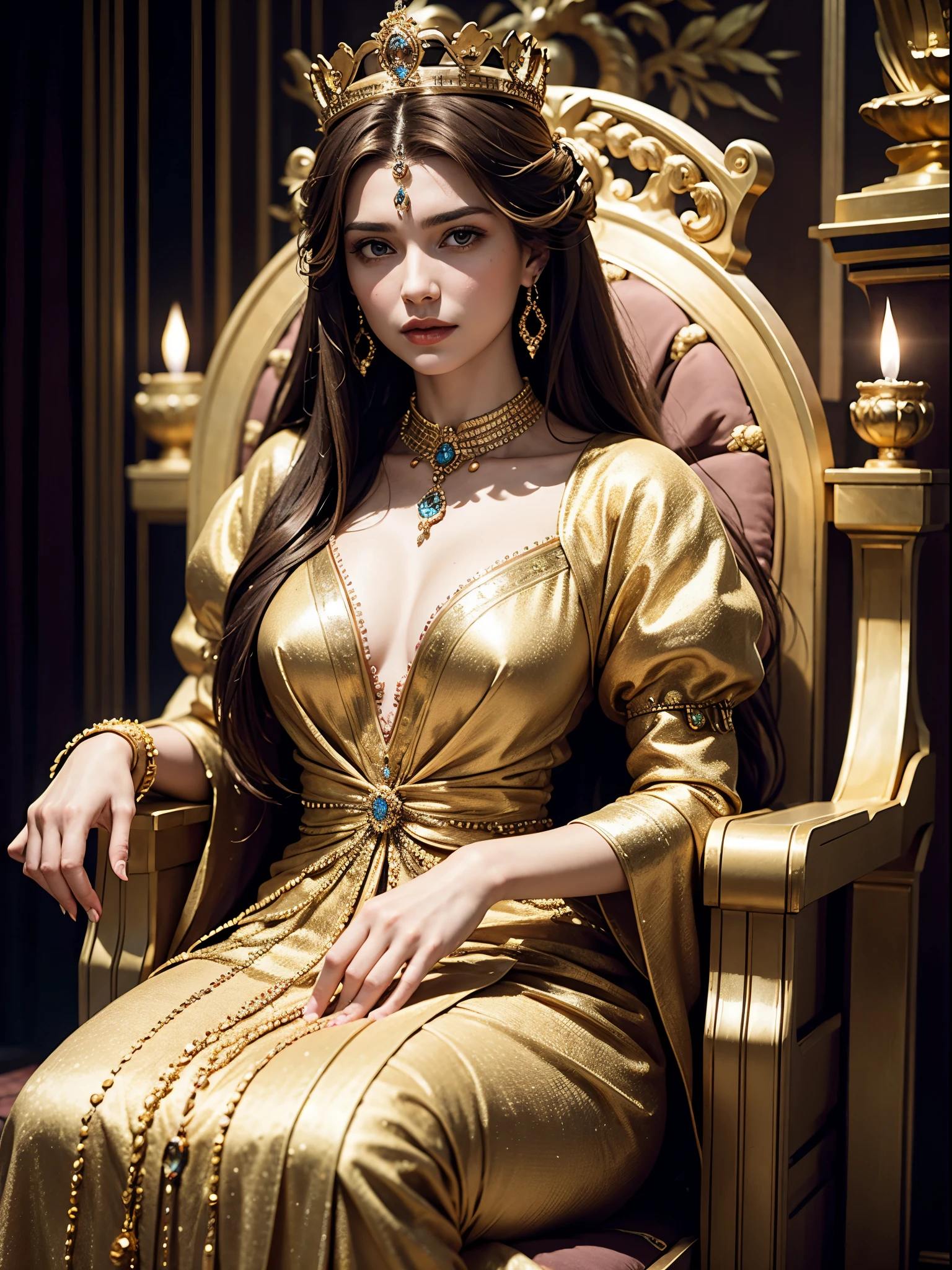 queen. In decent royal clothes.chest closed. Golden crown with precious stones. Sits on a high-backed golden throne. brown-haired woman. Bright hall.