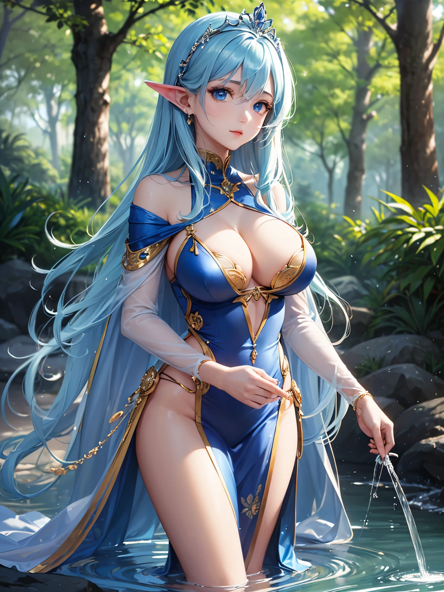 ((highest quality)),(ultra high resolution),(Super detailed),(detailed description),((best CG)),(best work of art),super precision art,amazing drawing art,(Fantasy art with precise details:1.5), (one fountain spirit:1.5),(beautiful and well-shaped face:1.5),Eyes full of compassion:1.5,(bright light blue eyes:1.5),(Shiny blue straight long hair:1.6),(A silk chiton with a precise and detailed depiction that shows the body line clearly.:1.6),(big breasts:1.6),((tiara:1.6)),shining jewel:1.4,thin waist:1.3,Beautiful leg lines:1.5,(standing on the surface of the fountain:1.6), (A clear spring in the deepest part of the forest depicted in precise detail:1.4),soft and warm sunlight:1.6,flowers swaying in the breeze:1.4,Brightly colored birds:1.3