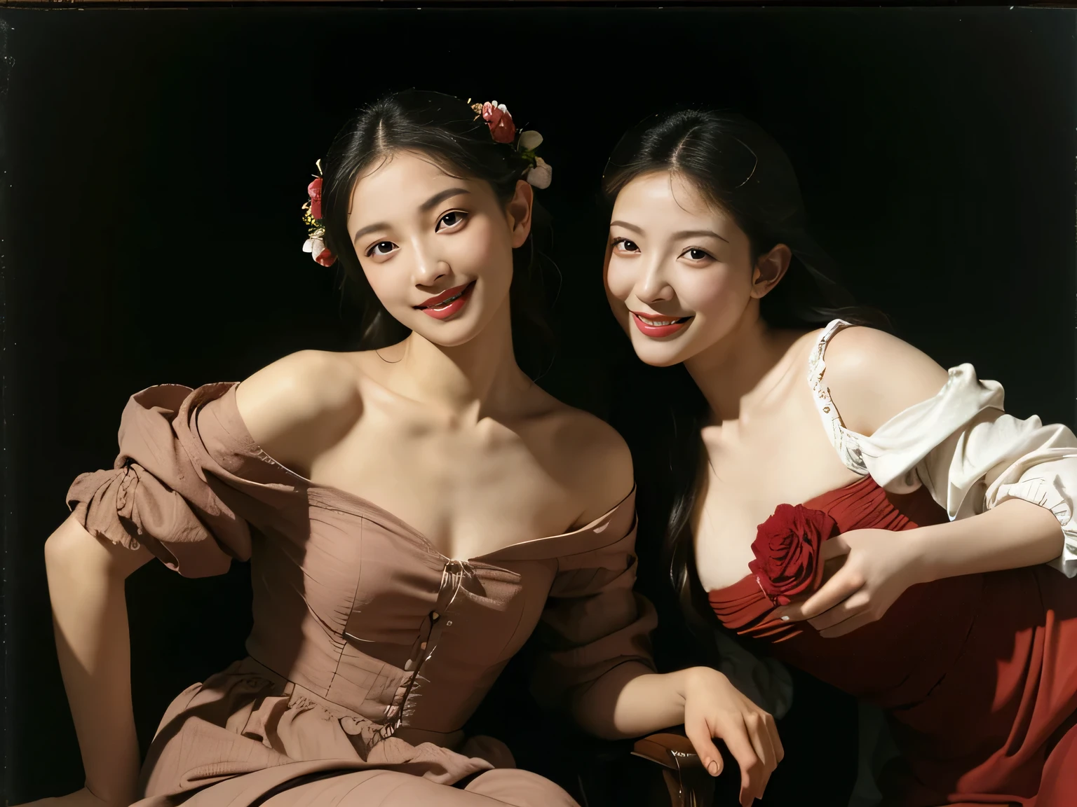 full body portrait ,fruits,Rose ,flower,Rosa,antique,A smile,,Sweet and seductive appearance.、Caravaggio's paintings、Chiaroscuro of Caravaggio,Two women frolicking,Cute smile, Expression of ecstasy