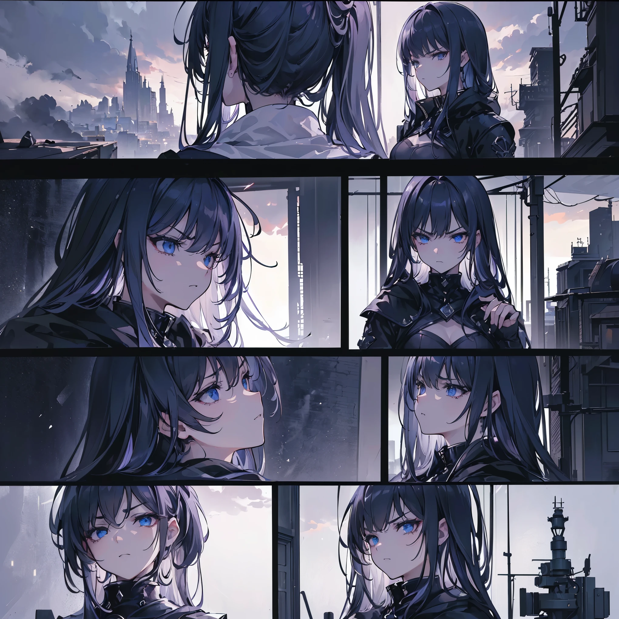 (extremely detailed 8K wallpaper),(ultra-detailed),(best quality),(masterpiece),(highly detailed),(cinematic lighting),(Original),Cold ligh，moody,(((Different poses of the same character))),(Three View：side，front，back),(((Character map))),1girl,,((villain image)),(((arrogant expression)))