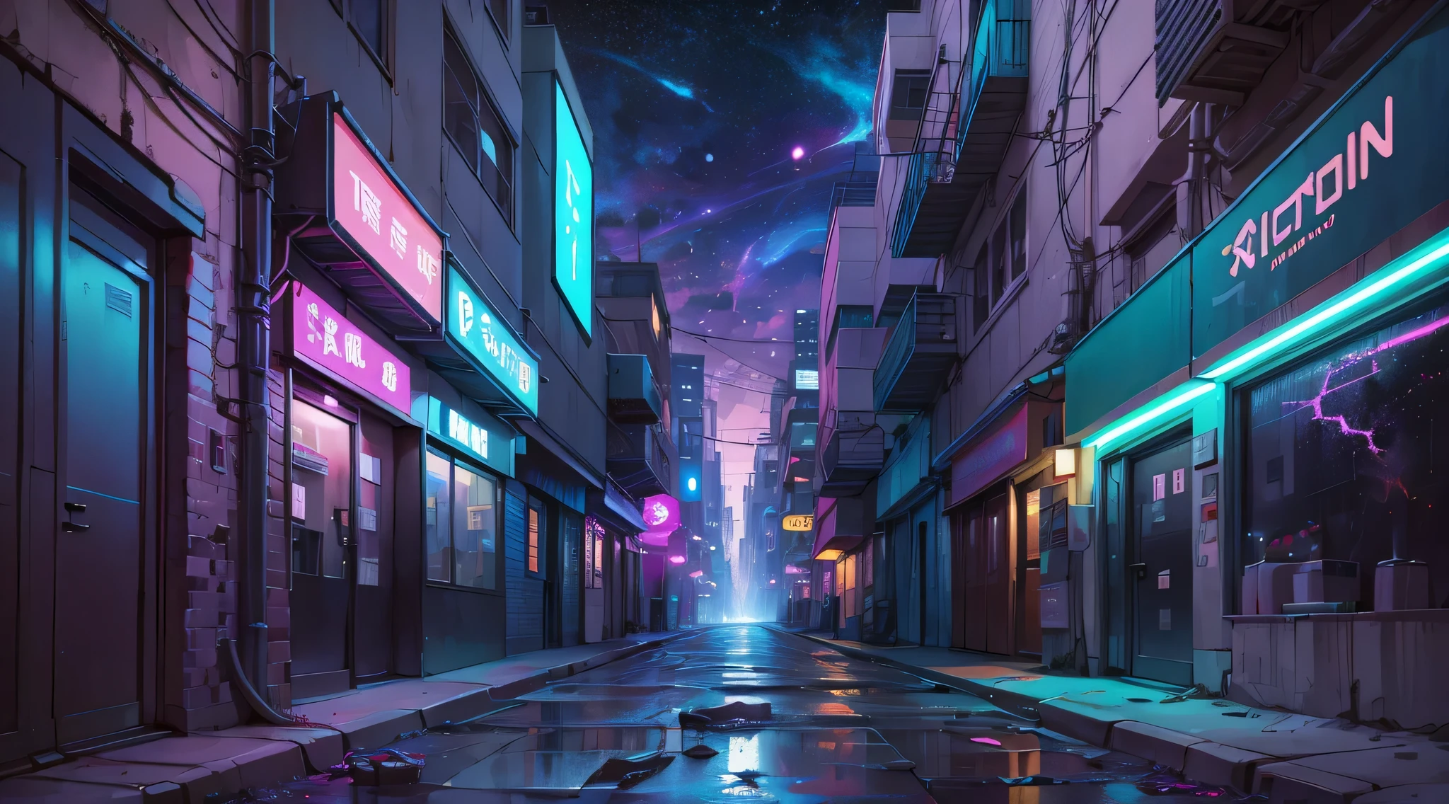 City, alley, galaxy, strange scenery, another planet, broken neon, vision of dark, different future  