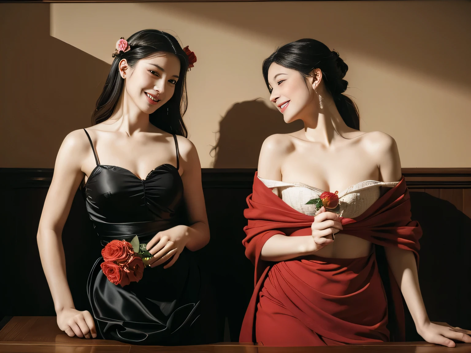 full body portrait ,fruit,Rose ,flower,rosa,antique,laughter,,sweet and enchanting appearance.、caravaggio painting、Caravaggio&#39;s Chiaroscuro,two women having fun,cute smile, expression of ecstasy