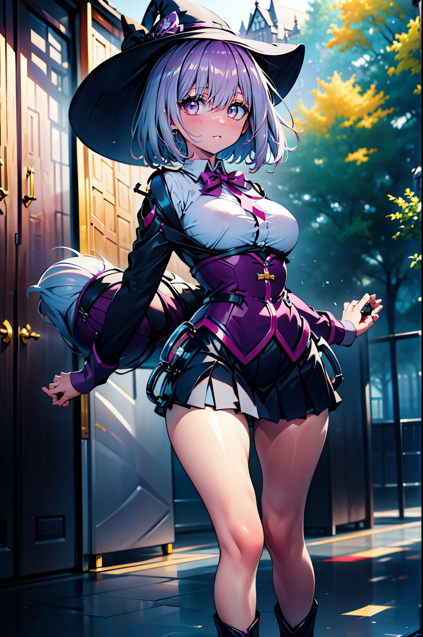 akaneshinjou, shinjou akane, light purple hair, (pink eyes:1.2), short hair,witch hat,Purple Dress,mini skirt,Gray pantyhose,short boots,Place your right hand on your waist,左手は魔法の杖を
break outdoors, forest,
break looking at viewer, break (masterpiece:1.2), highest quality, High resolution, unity 8k wallpaper, (figure:0.8), (detailed and beautiful eyes:1.6), highly detailed face, perfect lighting, Very detailed CG, (perfect hands, perfect anatomy),