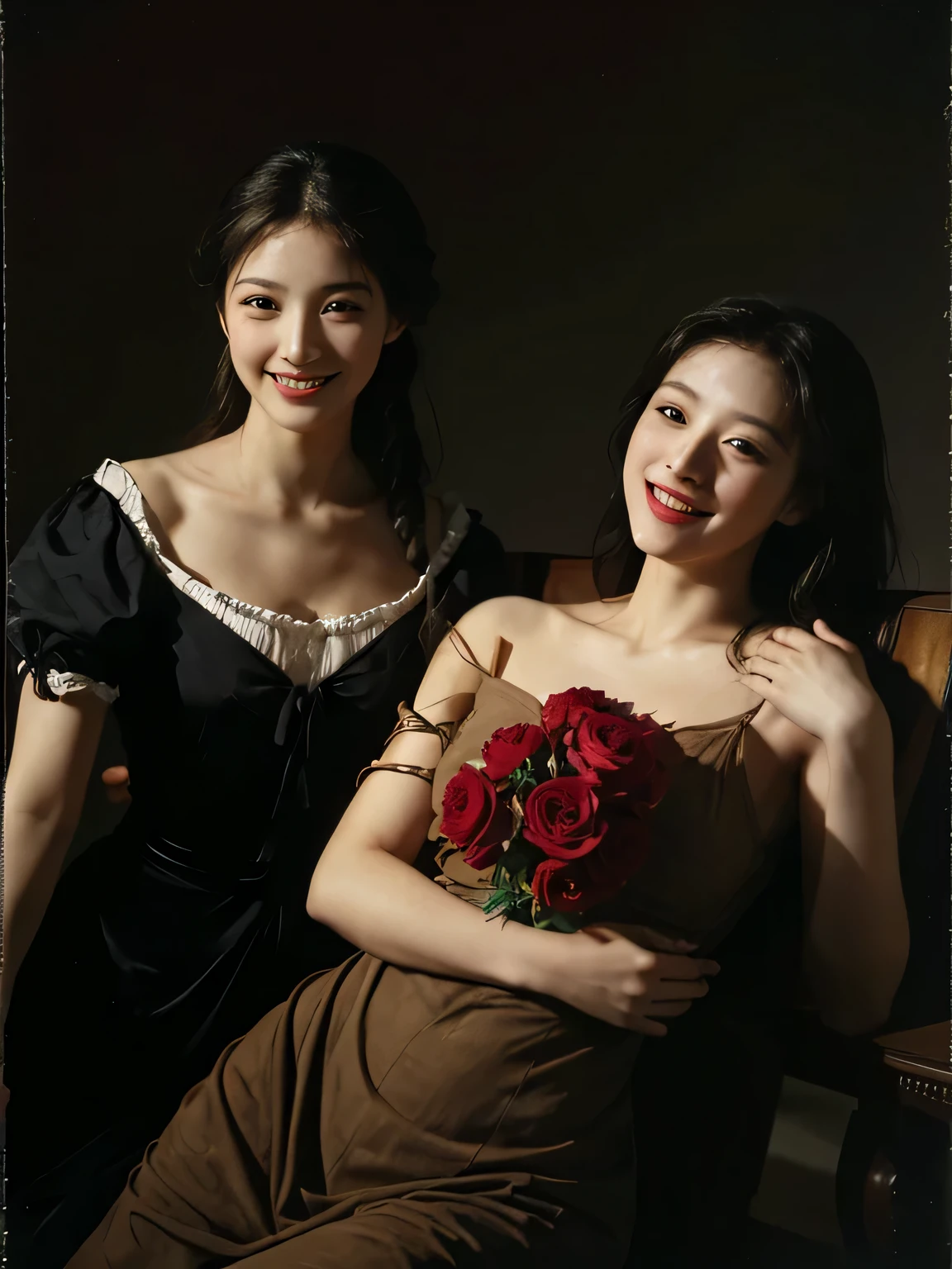 full body portrait ,fruits,Rose ,flower,Rosa,antique,A smile,,Sweet and seductive appearance.、Caravaggio's paintings、Chiaroscuro of Caravaggio,Two women frolicking,Cute smile, Expression of ecstasy