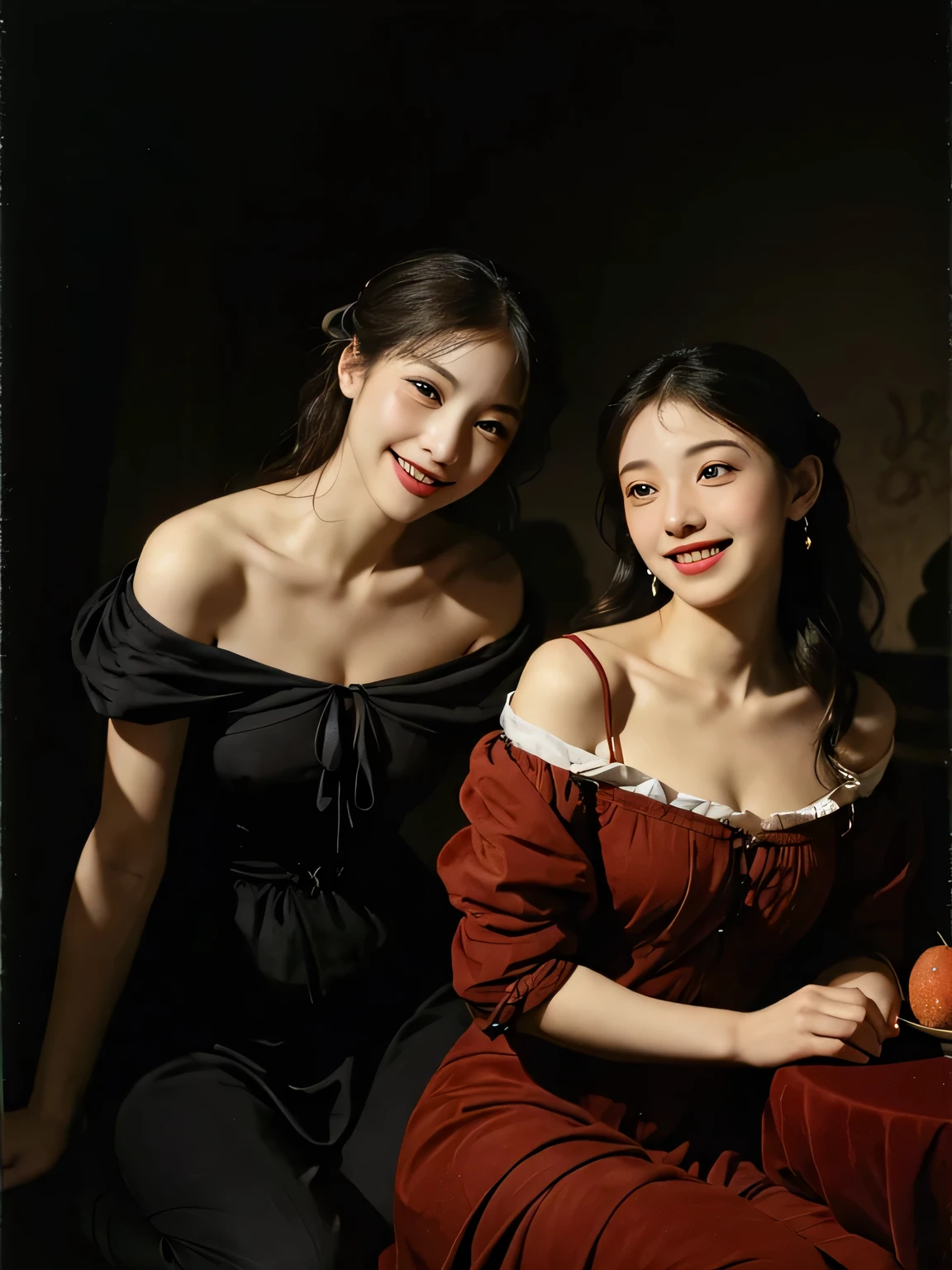 full body portrait ,fruits,Grapes,Rosa,antique,A smile,,Sweet and seductive appearance.、Caravaggio's paintings、Chiaroscuro of Caravaggio,Two women frolicking,Cute smile, Expression of ecstasy