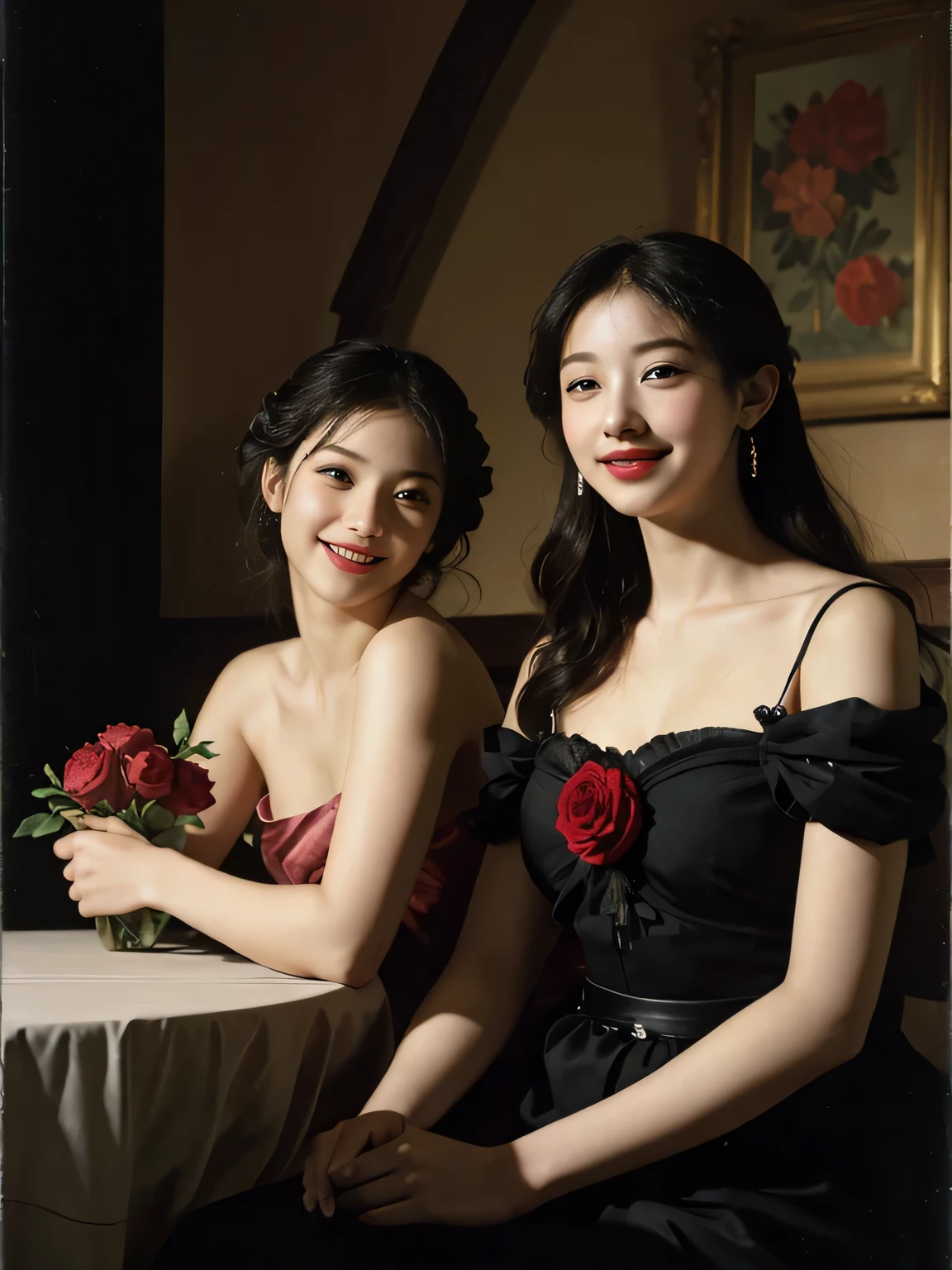 full body portrait ,fruits,Rose ,flower,Rosa,antique,A smile,,Sweet and seductive appearance.、Caravaggio's paintings、Chiaroscuro of Caravaggio,Two women frolicking,Cute smile, Expression of ecstasy