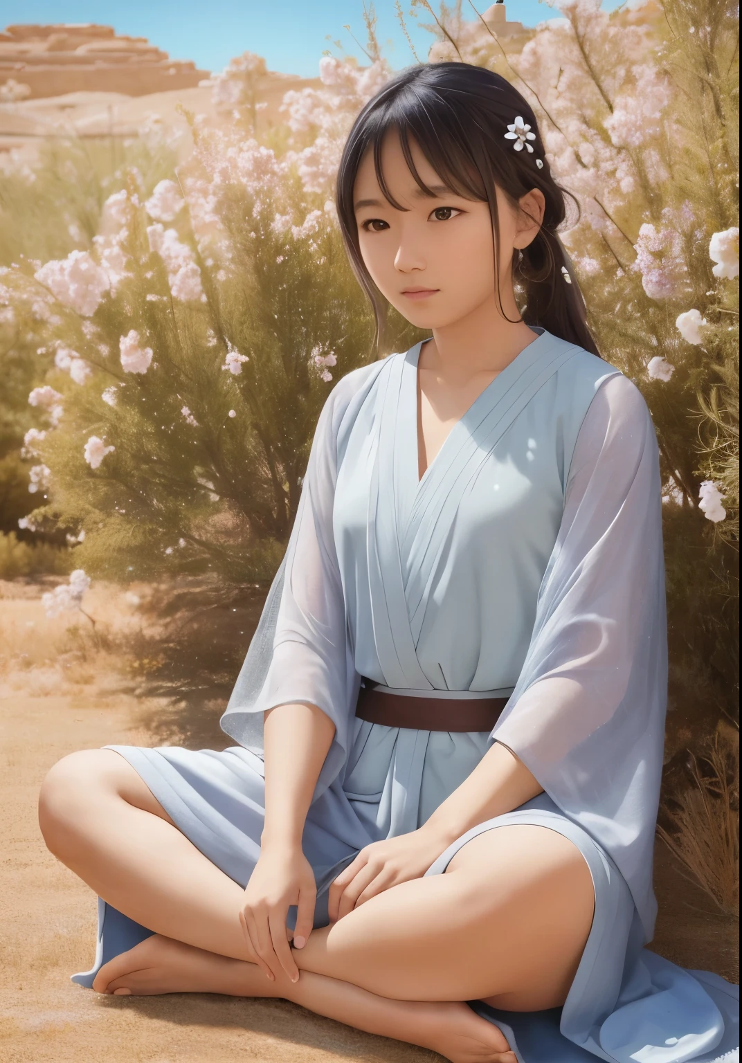  serene photo,1girl, Jedi master in deep meditation, sitting cross-legged, surrounded by blooming desert flowers, harmonizing with the Force, spiritual retreat, transcendent tranquility, desert enlightenment,  Absurdres, hdr, ultra detailed illustration, extremely detailed face, RAW photo, film grain, skin pores, trending on deviantart 