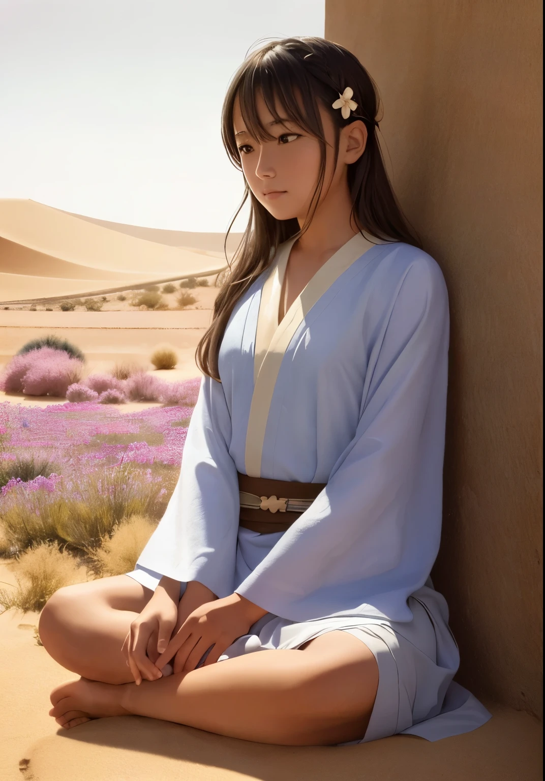  serene photo,1girl, Jedi master in deep meditation, sitting cross-legged, surrounded by blooming desert flowers, harmonizing with the Force, spiritual retreat, transcendent tranquility, desert enlightenment,  Absurdres, hdr, ultra detailed illustration, extremely detailed face, RAW photo, film grain, skin pores, trending on deviantart 