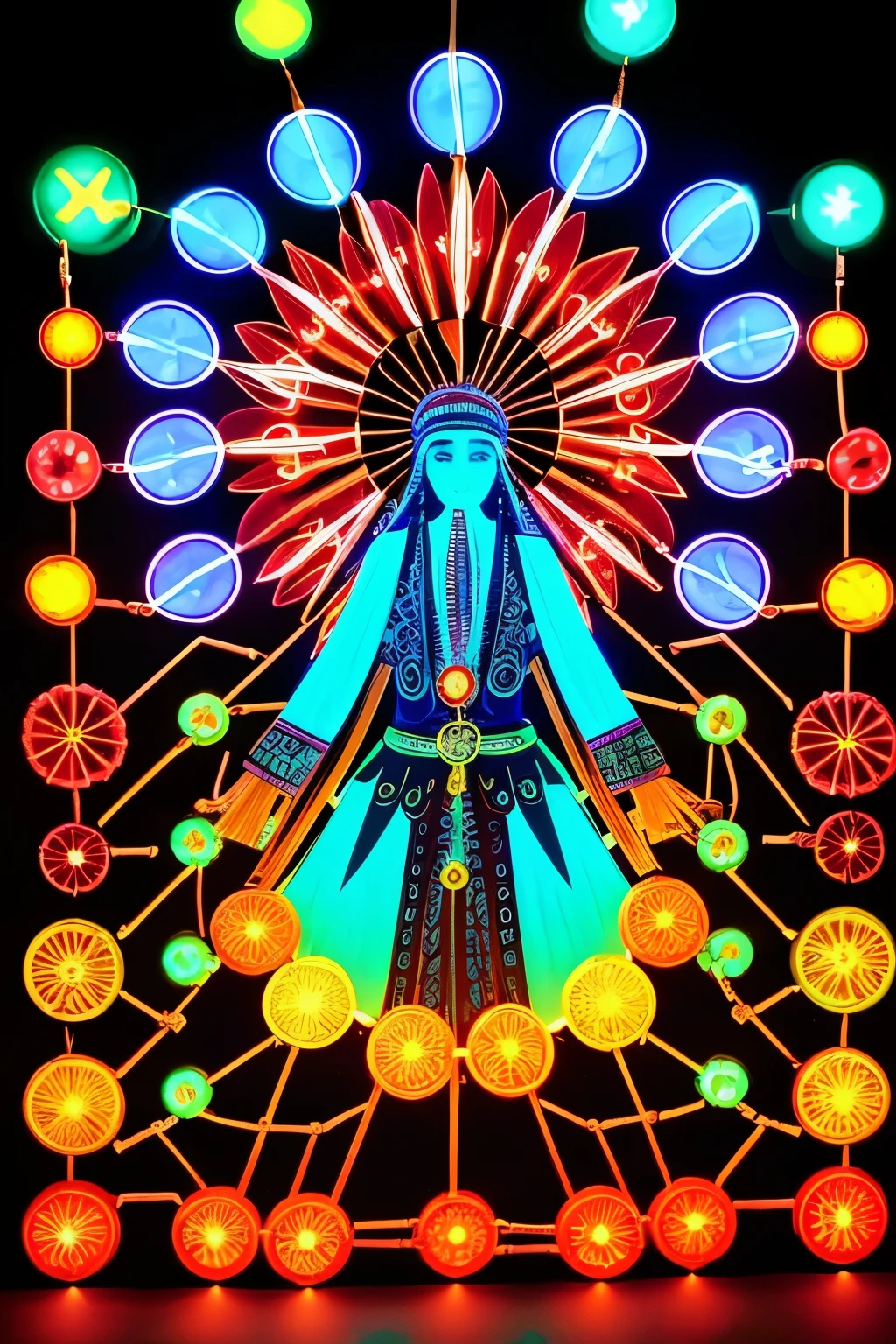 Radiating glow front face image of a glossy turquoise and orange fluorescent shaman with intricately detailed, multicolor flowers and lights glowing out of cogs and gears. The uncanny rainforest valley in the background is filled with cryptic signs floating in the atmospheric illumination of volumetric neon and ray tracing reflection and refraction lights. AR 16:9 v-6 0 - s750 - style raw.