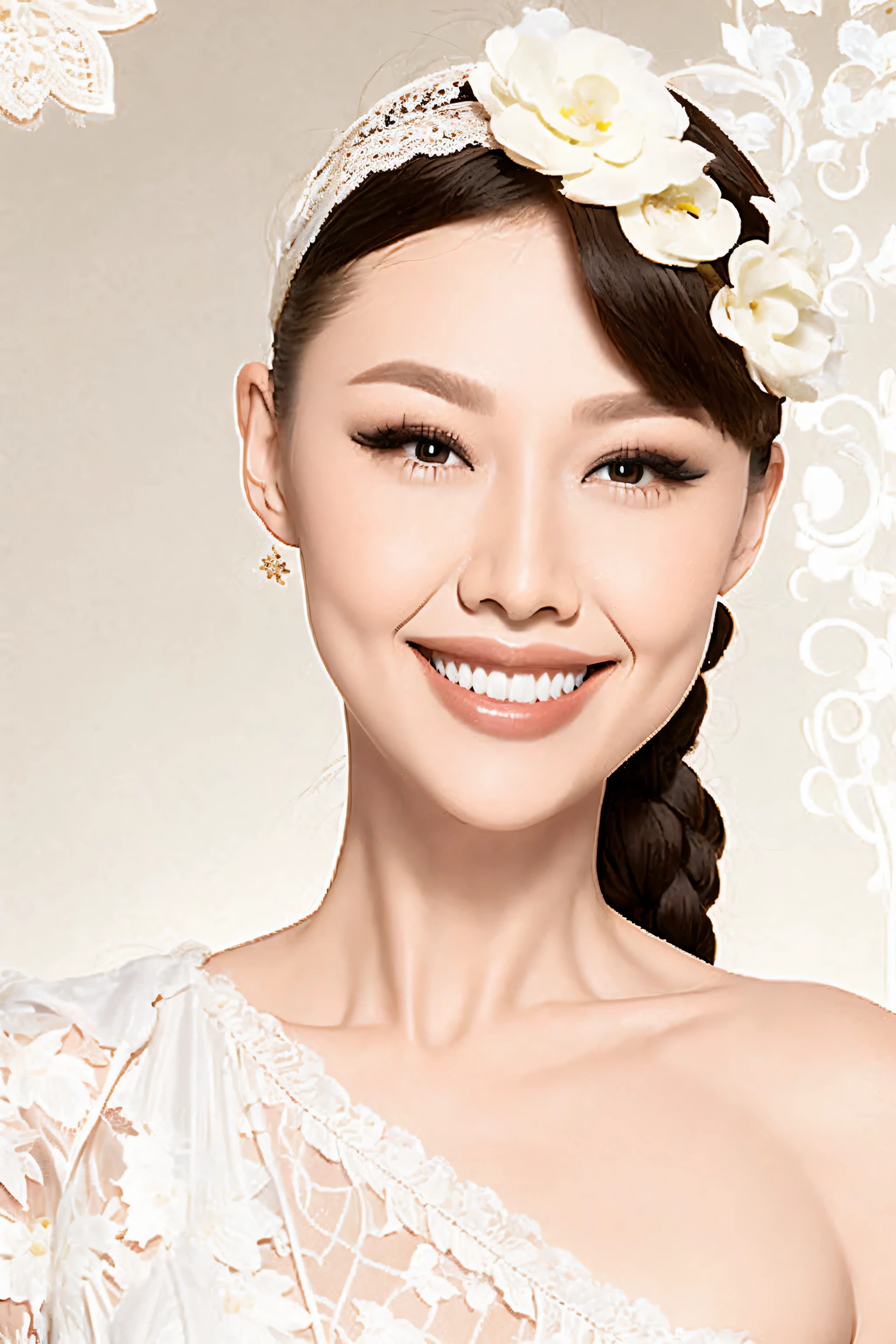 fashion model 20 years old [[[[close up]]]], [[[[neck]]]], [[[[Shoulder]]]], perfect eyes, perfect iris，perfect lips，perfect teeth，Perfect skin，White skin，Soft headlight，High Density Imaging Review，long black hair，（Face is clear and delicate），((white lace underwear))，((Sexy))，(((charming smile)))，((Half body photo))，((The background is the bedroom))，((Deluxe king bed))，best quality，masterpiece，（pastel colors：1.2）