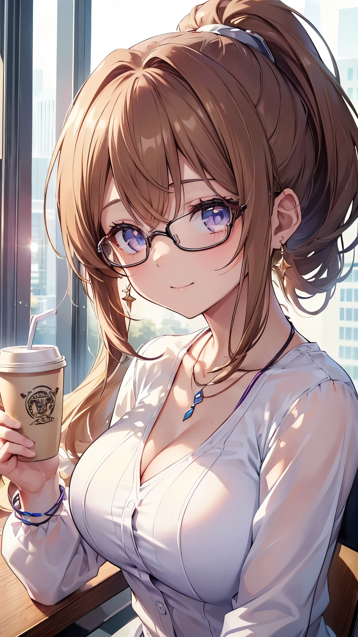 ((masterpiece)), ((highest quality)), (super detailed), ((cute)), cute, (Lovely), ((sexy)), (device), ((very detailed)), 4k, (8k), highest quality, (beautiful), anime style, Upper body, focus on the face, whole body concentration, office, computer, morning, a cute girl, 1 girl, alone, suit, beautiful light brown hair, beautiful purple eyes, ((beautiful eyes)), white skin, ponytail, transparent hair, translucent hair, big breasts, Glasses, earrings, necklace, cup, coffee, light smile, Lens flare, reflection effect
