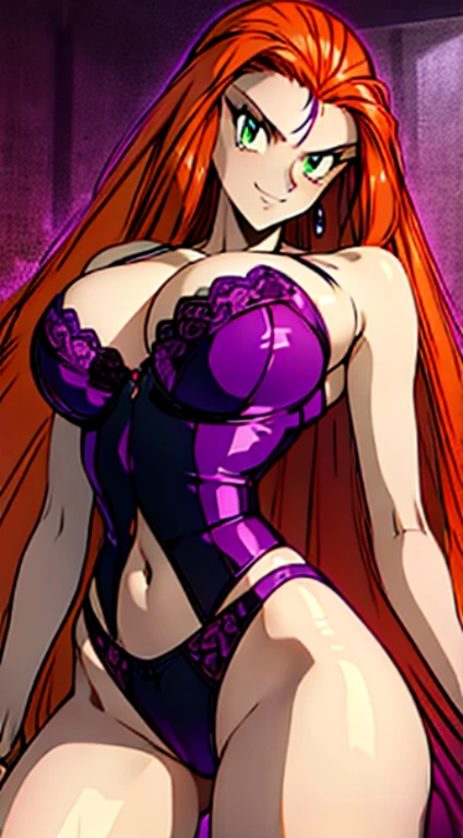 ((masterpiece)), ((best quality)), ultra detailed, detailed background, orange hair, Long Hair , green eyes, thin eyes, extreme large breast, long hair,, highest details, sexy, focus, Alluring, long legs, ((breasts shot)), (((wearing Purple lingerie))), hentai style, sensual smile, erotic, erotic body, sexually suggestive, hentai body, sensual pose, naughty face, aroused body, on a beach