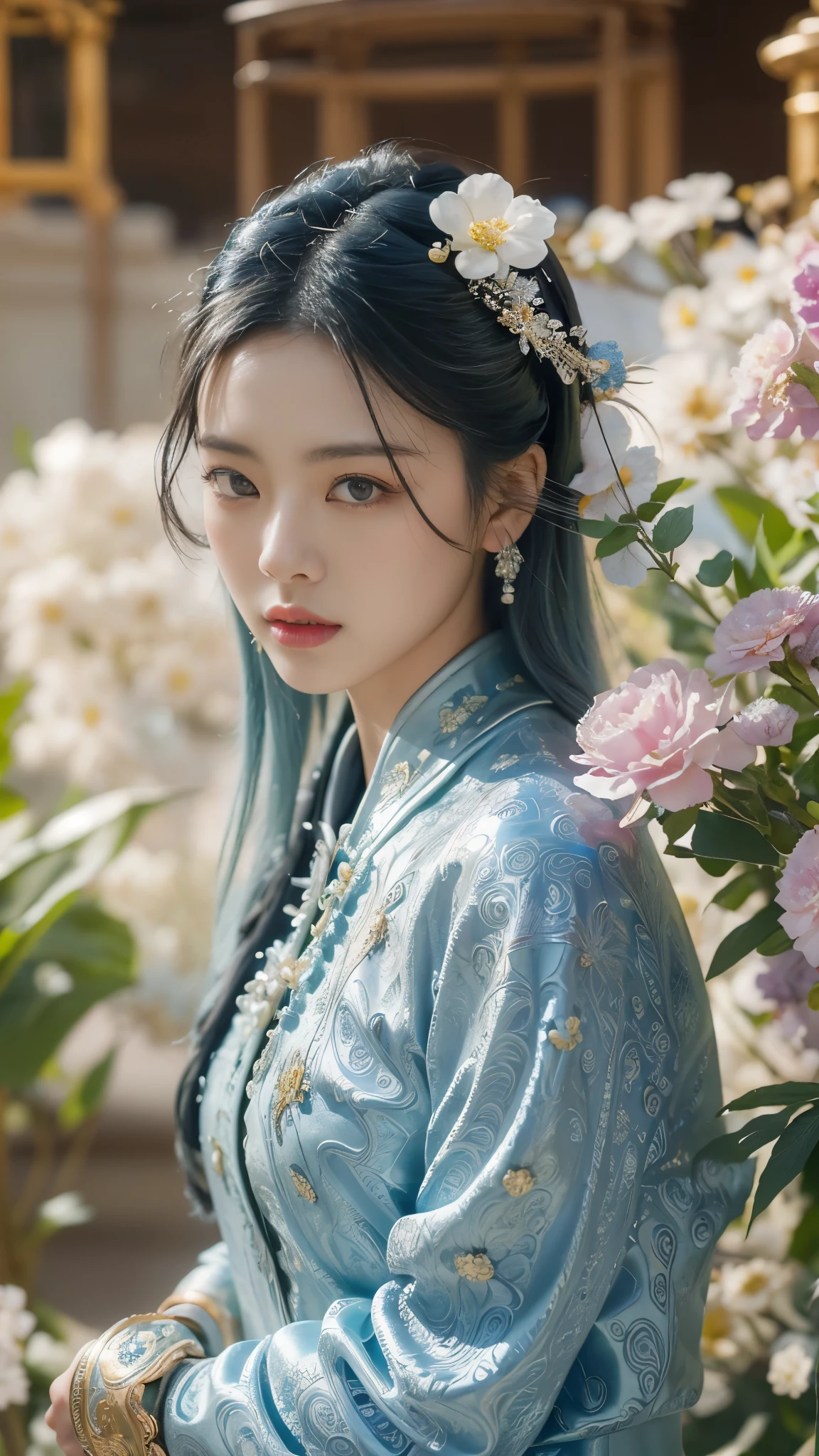 A Chinese woman with subtle characteristics, beautiful eyes and full lips, smooth luster tan tan, blue hair, and blue hair are decorated with countless complex vortex elements, gears, gears, flower patterns, patterns, flowers, flowers, flowers Beads, beads and hanging gorgeous jewelery convey a tranquil contemplation; the Victorian style inspired by steam punk, and injects organic and mechanical aesthetics; a tranquil statue postures the tranquility; LORA: wowifierxl-v2: 1.0>