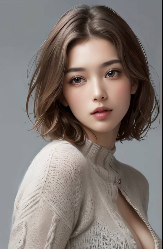 (muste piece、Highest image quality、photorealistic、High resolution、photograph、:1.3)、Super close-up、in focus、30 year old mature woman、small face、No makeup、short hair、dark brown hair、thin and beautiful eyes、bust B cup、small breasts、 beautiful skin, (sweater), uncoordinated, charm, 超High resolution, Super realistic, High definition, golden ratio、Gray background