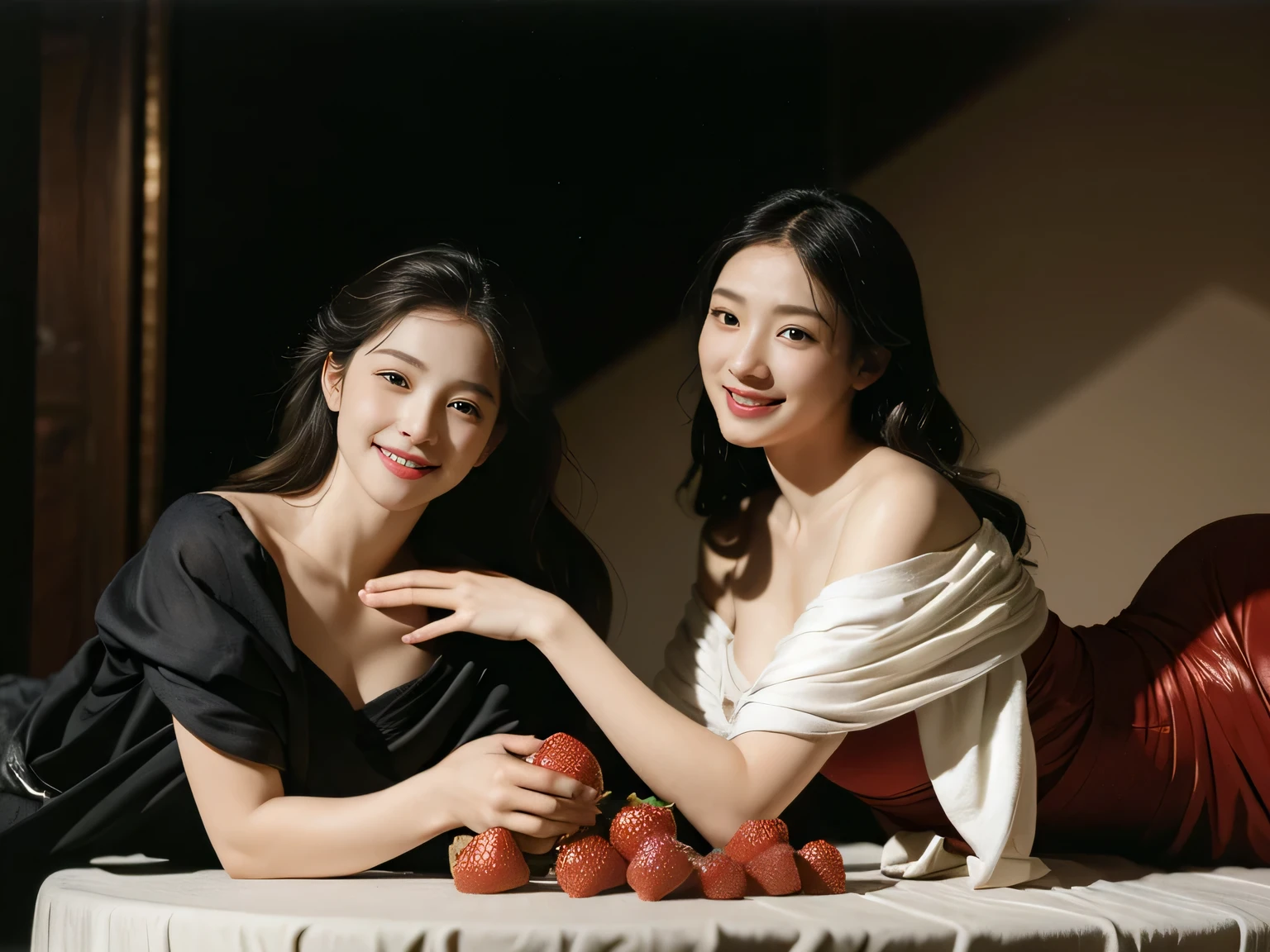 full body portrait ,fruits,Rose ,flower,Rosa,antique,A smile,,Sweet and seductive appearance.、Caravaggio's paintings、Chiaroscuro of Caravaggio,Two women frolicking,Cute smile, Expression of ecstasy