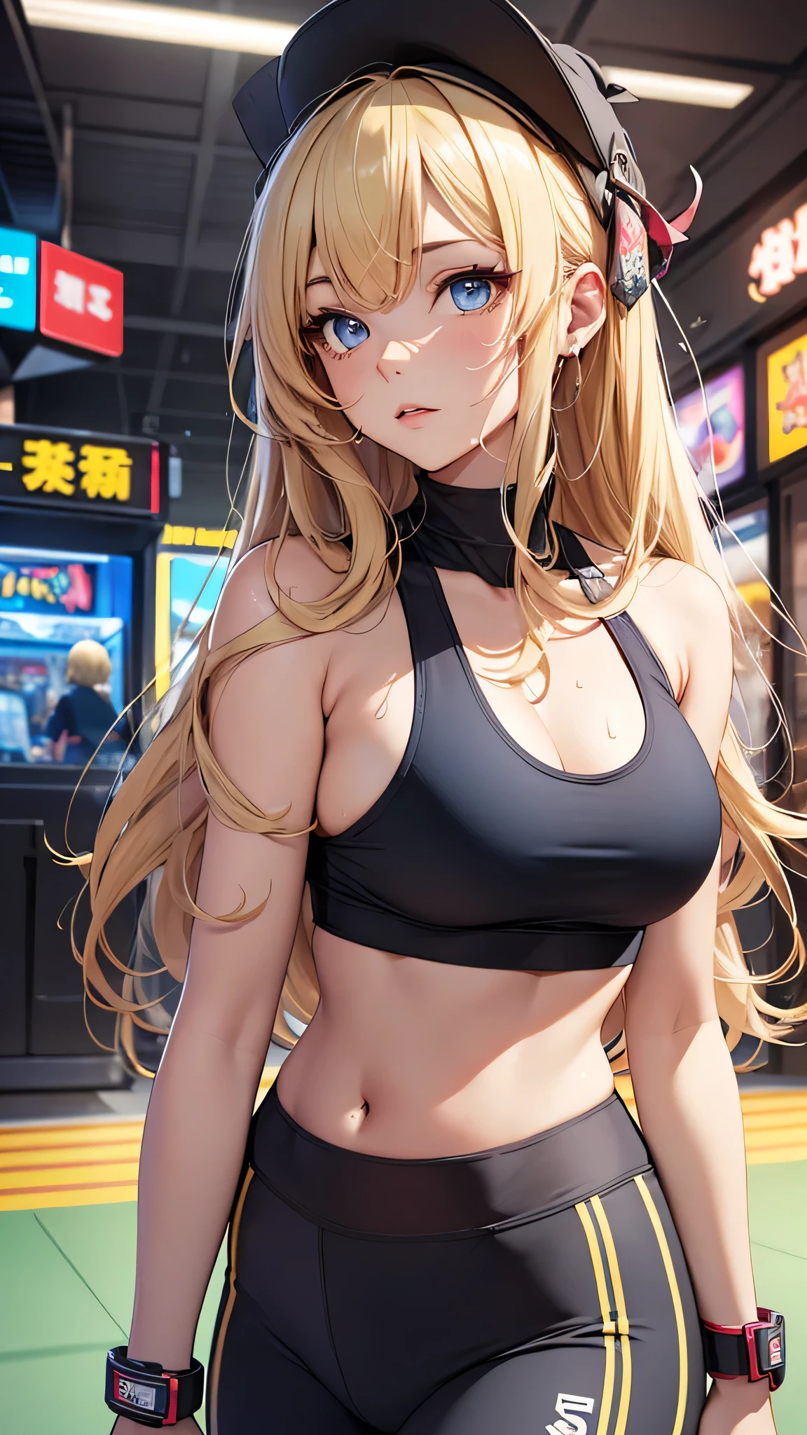 最high quality、best image quality、masterpiece、age girl((20-year-old、 By becoming、vest bust、medium bust,wide open breast tea、shining eyes, blonde hair、long hair、thin,highest valley、blue sports bra(1:2)、Blue sports pants、sweating、scattering of sweat、Flushed body、Sleeping on the mat)),high quality、beautiful art、background((arcade))debris flies、Depth of written boundary、movie、visual art、perfect art、8k,genuine、