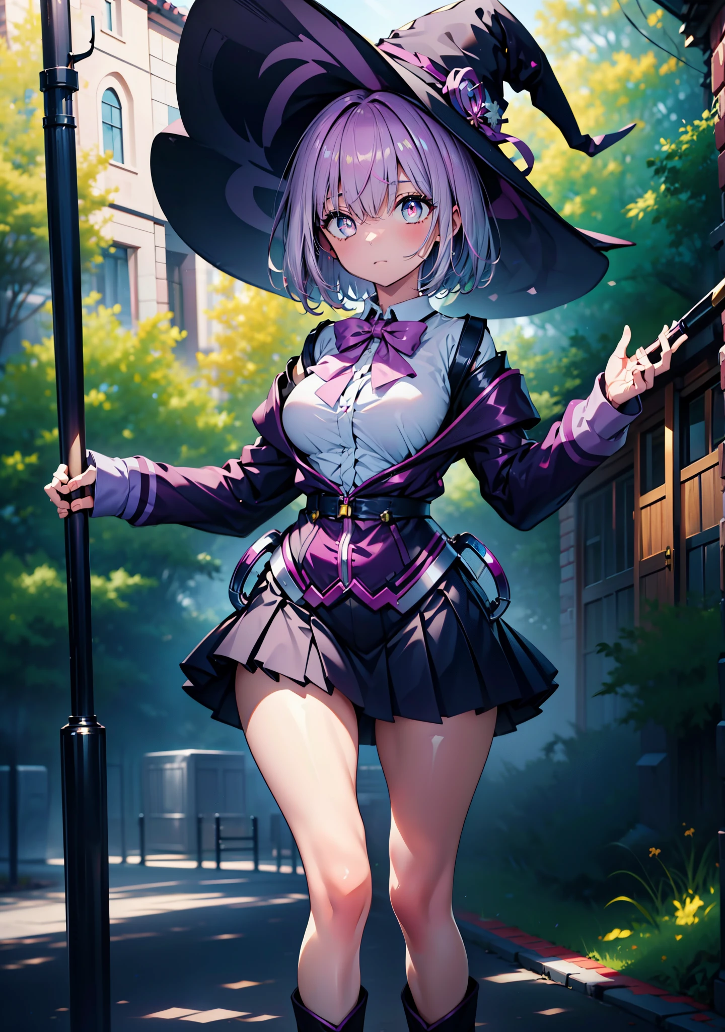 akaneshinjou, shinjou akane, light purple hair, (pink eyes:1.2), short hair,witch hat,Purple Dress,mini skirt,Gray pantyhose,short boots,Place your right hand on your waist,He has a magic wand in his left hand,
break outdoors, forest,
break looking at viewer, break (masterpiece:1.2), highest quality, High resolution, unity 8k wallpaper, (figure:0.8), (detailed and beautiful eyes:1.6), highly detailed face, perfect lighting, Very detailed CG, (perfect hands, perfect anatomy),