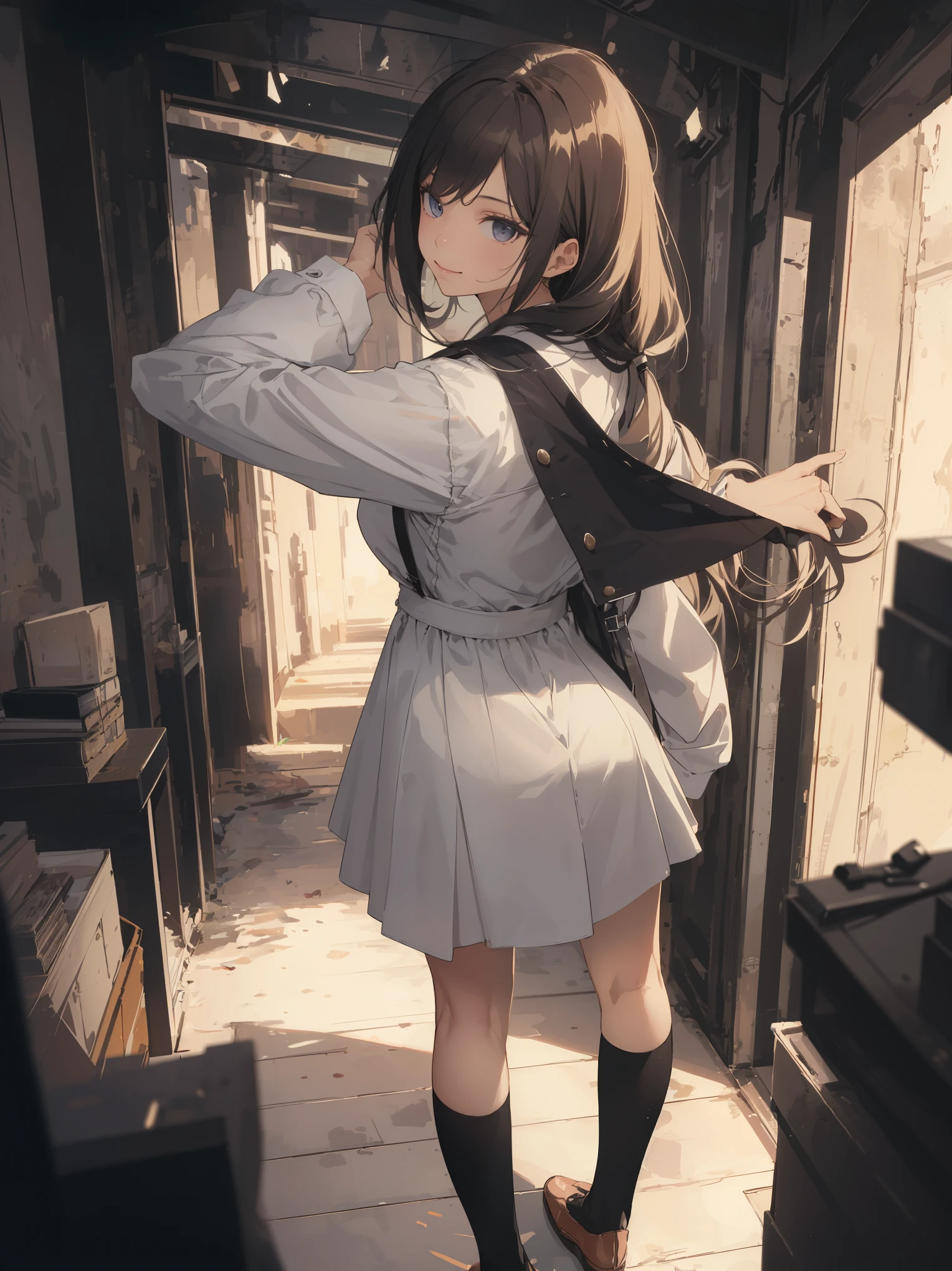 (Masterpiece by the Almighty Creator God: 1.4), (Absolute resolution: 1.4), (Ultra high quality: 1.4), Incredibly ultra-detailed and detailed, (Dynamic shot), (A scene from a film by a master photographer), Best composition and background to highlight the main girl, Ultra-detailed, delicate and ultra-realistic work, ( Complex, detailed and realistic materials, textures and light sources: 1.3), (perfect anatomy: 1.2), Best Illustration Grand Prize winner,
BREAK.
Girl, solo, the greatest super-genius actress of all time, rare super-genius acting actress and model who understands the required acting and poses and gives an even more amazing pose and powerful performance, reincarnation of the goddess Aphrodite, exquisite beauty, slender legs, full body from head to toe, from above, looking at the viewer: 1.3) , fashionable,
BREAK.
Broken shirts, long sleeves, dresses, primary school uniforms, branded student uniforms,
BREAK.
(Point light source: 1.2), grainy illusory light source, blurred background, (depth of field: 1.5), tilting head, from behind, looking at viewer, looking back, flexible body, looking up, (depth of field: 1.4), looking at viewer, (cute smile),
BREAK.
Dazed background, popular background, cute,