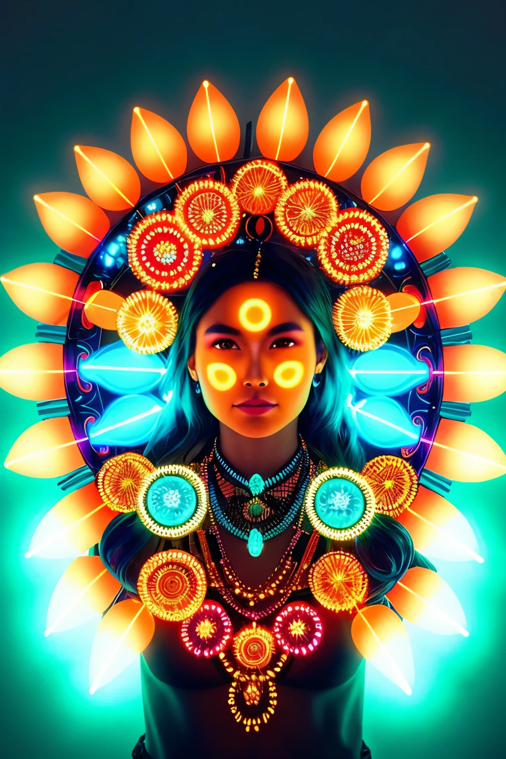 Radiating glow front face image of a glossy turquoise and orange fluorescent shaman with intricately detailed, multicolor flowers and lights glowing out of cogs and gears. The uncanny rainforest valley in the background is filled with cryptic signs floating in the atmospheric illumination of volumetric neon and ray tracing reflection and refraction lights. AR 16:9 v-6 0 - s750 - style raw.