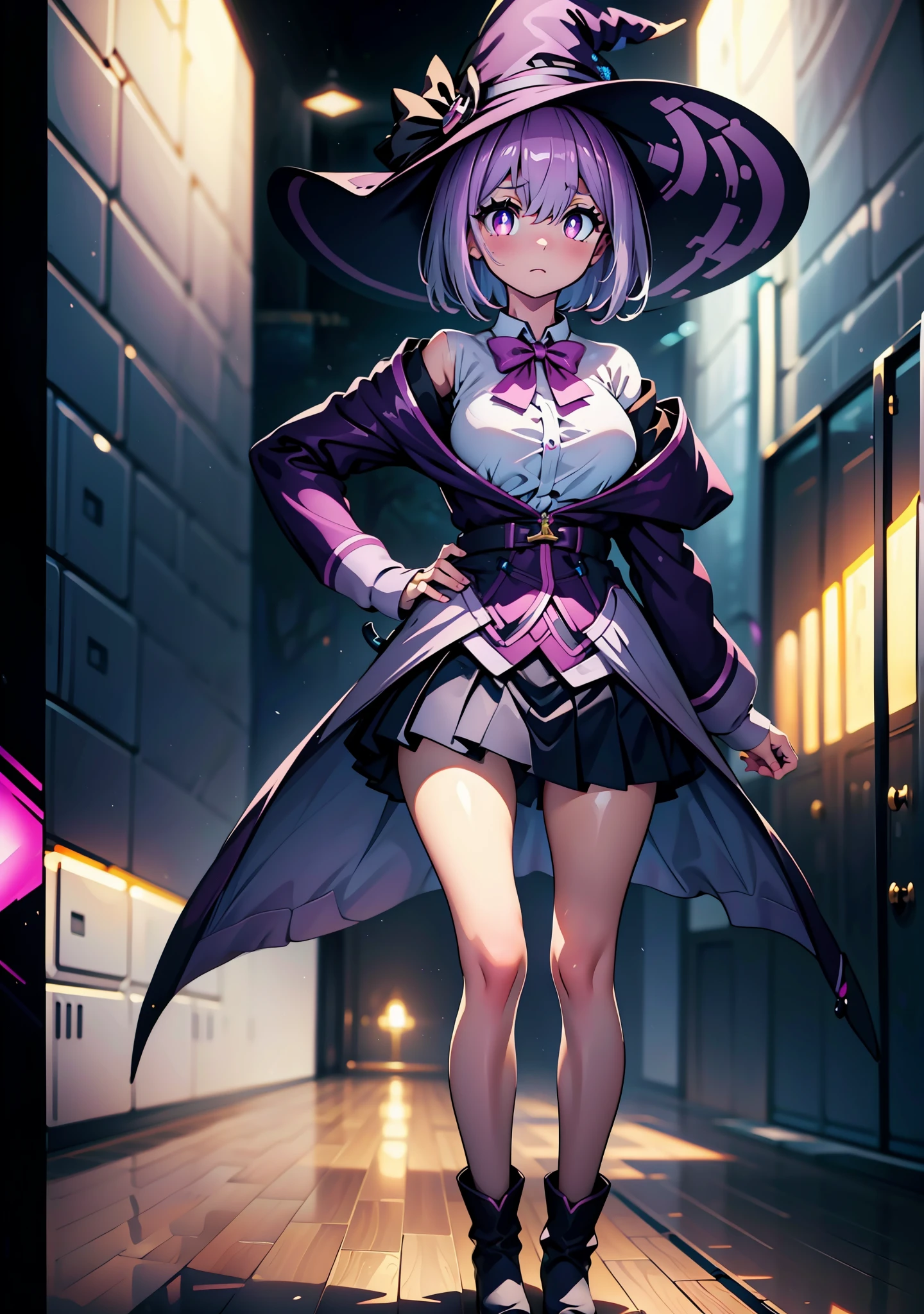 akaneshinjou, shinjou akane, light purple hair, (pink eyes:1.2), short hair,witch hat,Purple Dress,mini skirt,Gray pantyhose,short boots,Place your right hand on your waist,He has a magic wand in his left hand,
break outdoors, forest,
break looking at viewer, break (masterpiece:1.2), highest quality, High resolution, unity 8k wallpaper, (figure:0.8), (detailed and beautiful eyes:1.6), highly detailed face, perfect lighting, Very detailed CG, (perfect hands, perfect anatomy),