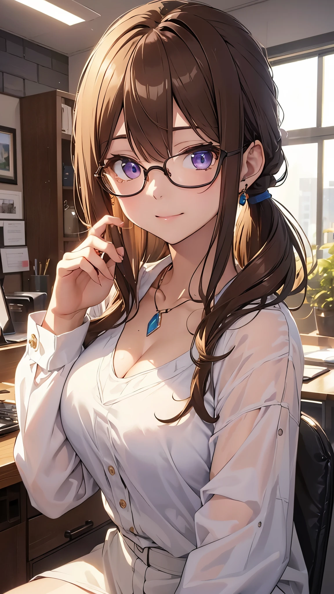 ((masterpiece)), ((highest quality)), (super detailed), ((cute)), cute, (Lovely), ((sexy)), (device), ((very detailed)), 4k, (8k), highest quality, (beautiful), anime style, Upper body, focus on the face, whole body concentration, office, computer, morning, a cute girl, 1 girl, alone, suit, beautiful light brown hair, beautiful purple eyes, ((beautiful eyes)), white skin, ponytail, transparent hair, translucent hair, big breasts, Glasses, earrings, necklace, cup, coffee, light smile, Lens flare, reflection effect