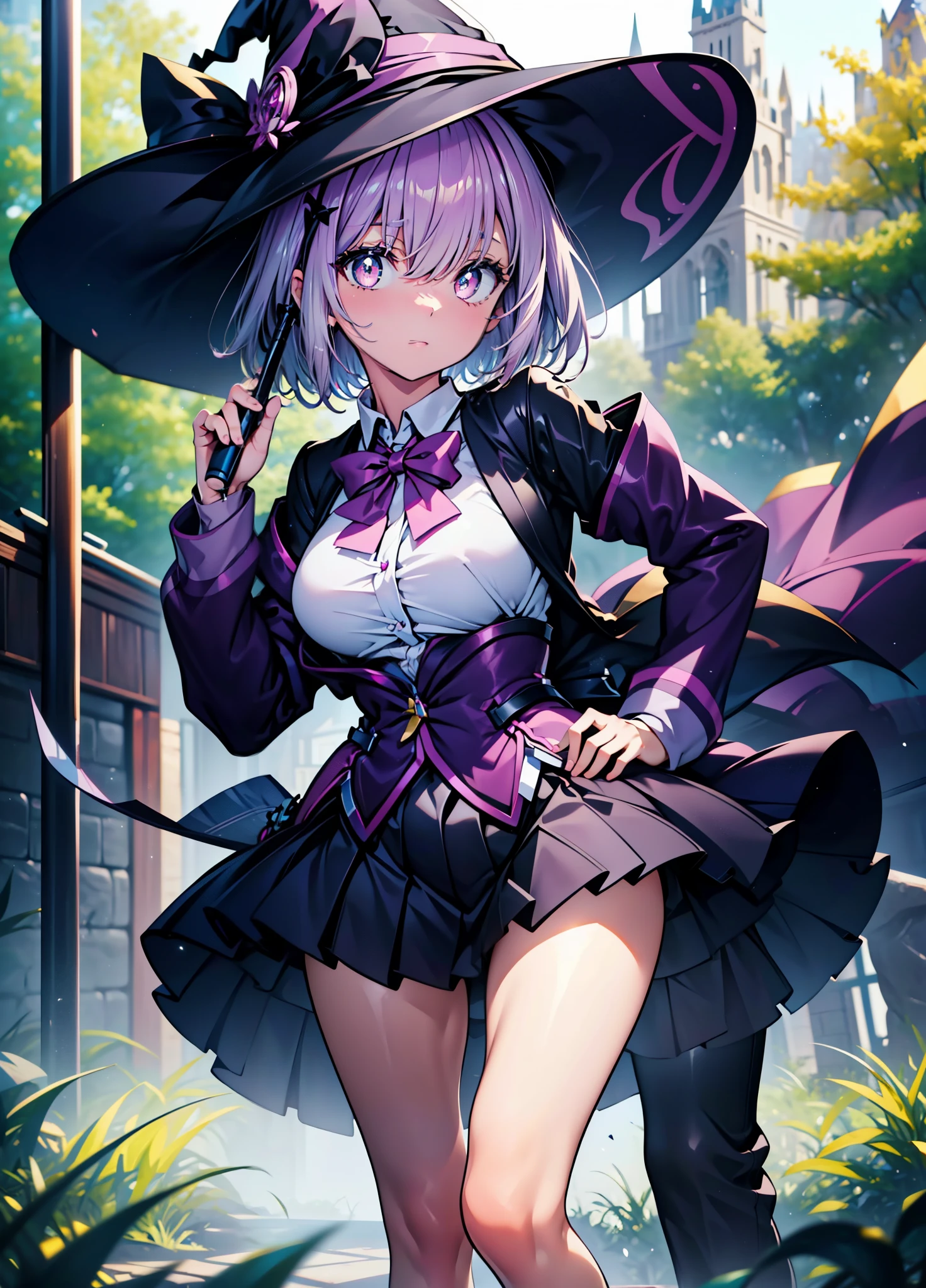 akaneshinjou, shinjou akane, light purple hair, (pink eyes:1.2), short hair,witch hat,Purple Dress,mini skirt,Gray pantyhose,short boots,Place your right hand on your waist,He has a magic wand in his left hand,
break outdoors, forest,
break looking at viewer, break (masterpiece:1.2), highest quality, High resolution, unity 8k wallpaper, (figure:0.8), (detailed and beautiful eyes:1.6), highly detailed face, perfect lighting, Very detailed CG, (perfect hands, perfect anatomy),