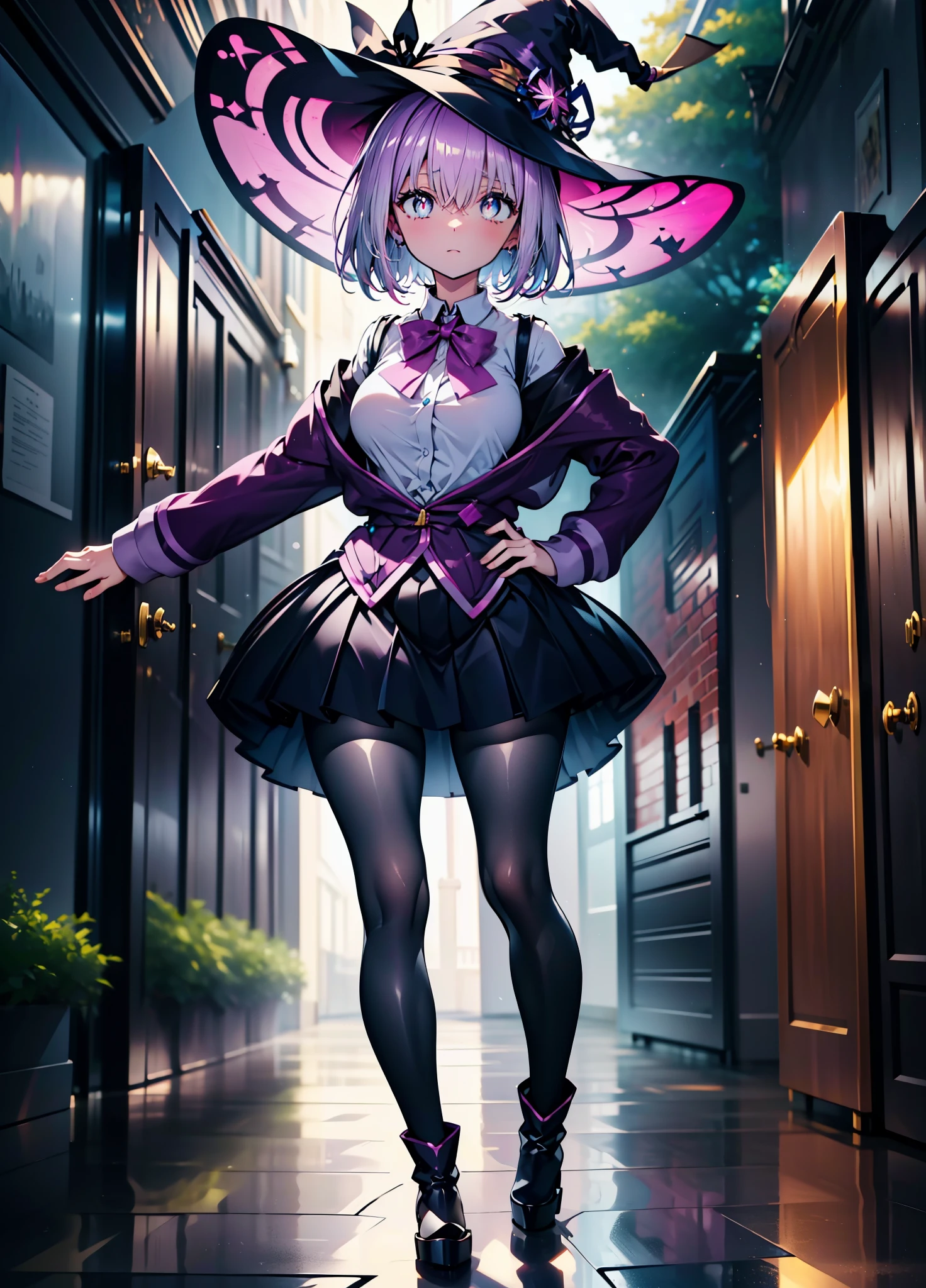 akaneshinjou, shinjou akane, light purple hair, (pink eyes:1.2), short hair,witch hat,Purple Dress,mini skirt,Gray pantyhose,short boots,Place your right hand on your waist,He has a magic wand in his left hand,
break outdoors, forest,
break looking at viewer, break (masterpiece:1.2), highest quality, High resolution, unity 8k wallpaper, (figure:0.8), (detailed and beautiful eyes:1.6), highly detailed face, perfect lighting, Very detailed CG, (perfect hands, perfect anatomy),