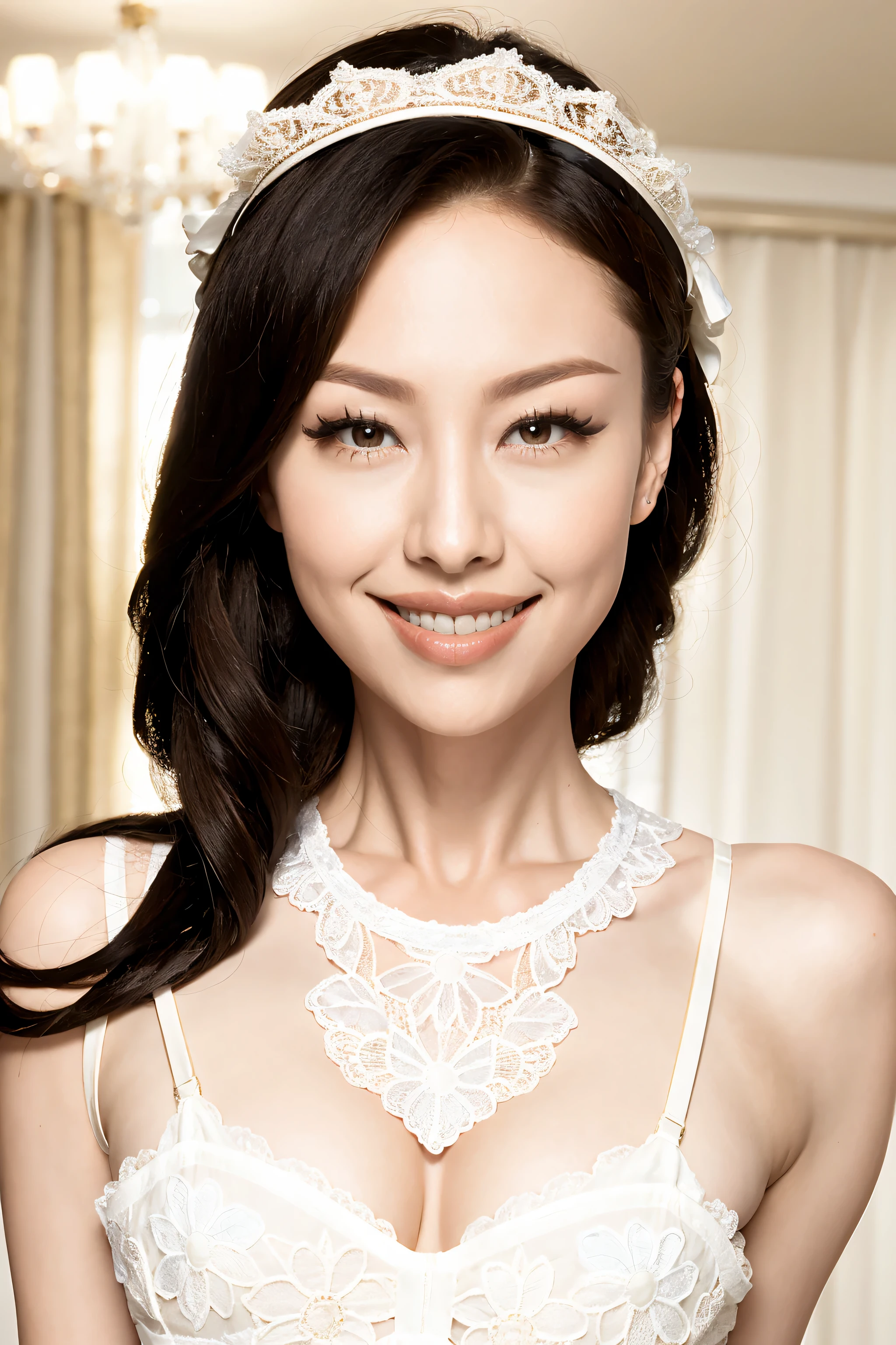 fashion model 20 years old [[[[close up]]]], [[[[neck]]]], [[[[Shoulder]]]], perfect eyes, perfect iris，perfect lips，perfect teeth，Perfect skin，White skin，Soft headlight，High Density Imaging Review，long black hair，（Face is clear and delicate），((white lace underwear))，((Sexy))，(((charming smile)))，((Half body photo))，((The background is the bedroom))，((Deluxe king bed))，best quality，masterpiece，（pastel colors：1.2）