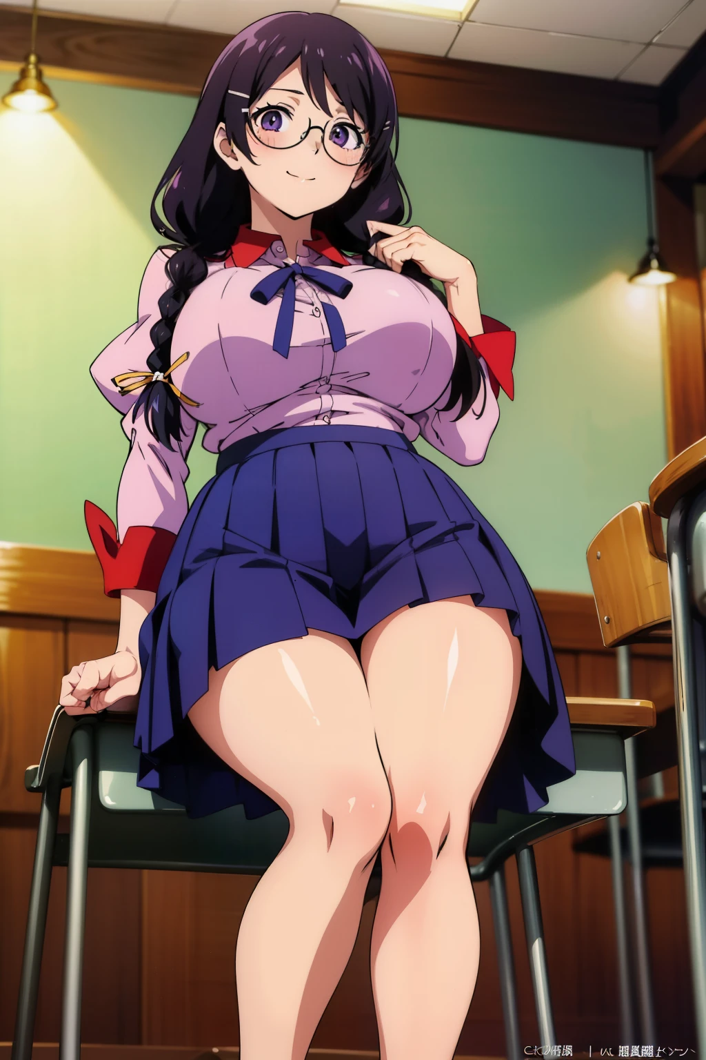 1990s anime cels style, 1990s manga style, best quality, high resolution, official art, 1girl, (huge breasts:1.2), school uniform, skirt, school, blush, smile,  closed mouth, sitting, chair, thigh, from below, hanekawa tsubasa, long hair, black hair, hair ornament, (purple eyes:1.1), braid, hairclip, twin braids, glasses,