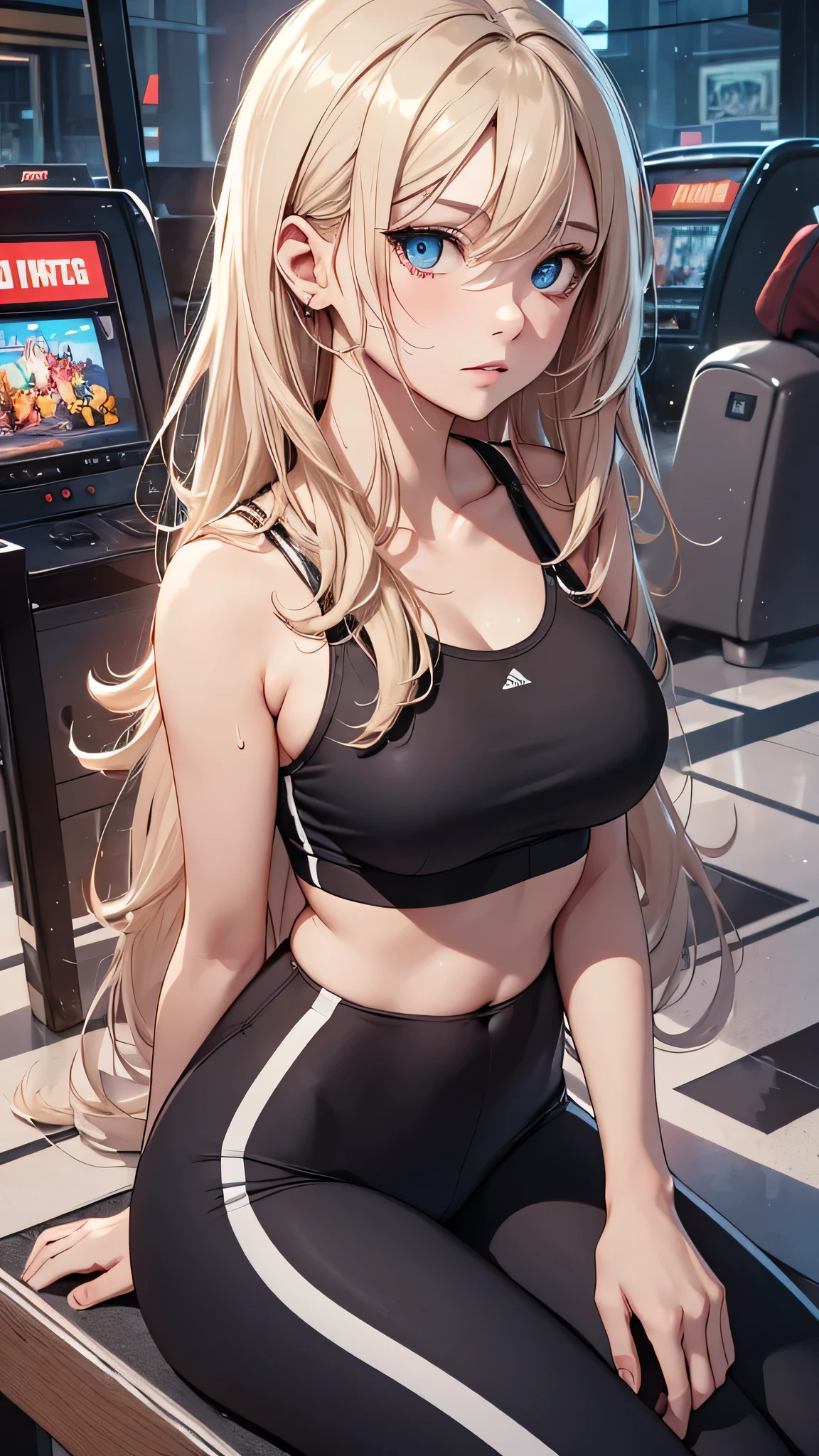 最high quality、best image quality、masterpiece、age girl((20-year-old、 By becoming、vest bust、medium bust,wide open breast tea、shining eyes, blonde hair、long hair、thin,highest valley、blue sports bra(1:2)、Blue sports pants、sweating、scattering of sweat、Flushed body、black jacket、sit on a chair、gameplay)),high quality、beautiful art、background((arcade))debris flies、Depth of written boundary、movie、visual art、perfect art、8k,genuine、