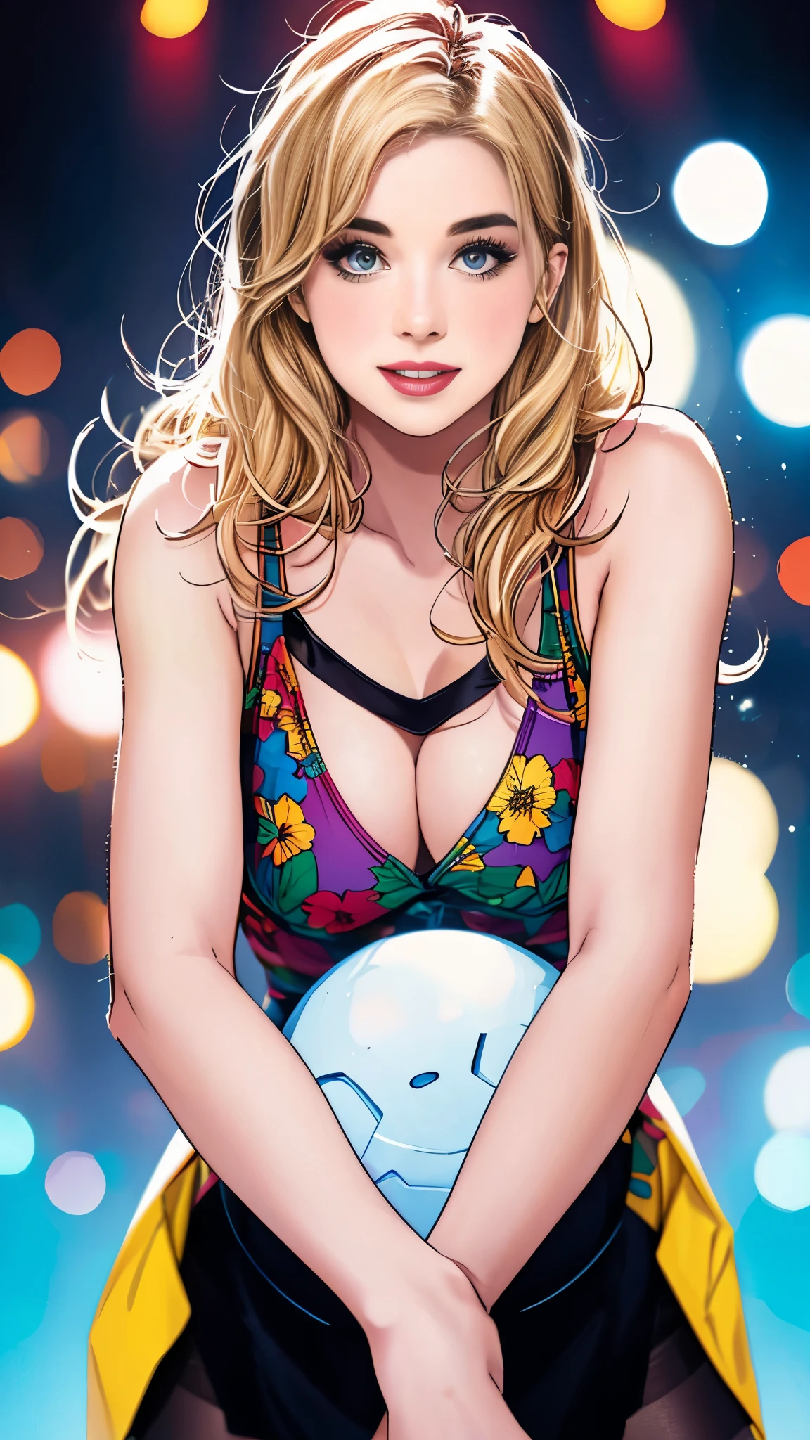 Zoey Deutch,teenage girl,body: 13-year-old,tiny dress,tights,portraits,ultra-detailed,realistic colors,beautiful detailed eyes,beautiful detailed lips,long eyelashes,blonde hair,expressive face,adorable smile,lovely appearance,playful pose,4k resolution,vibrant colors,studio lighting,bokeh