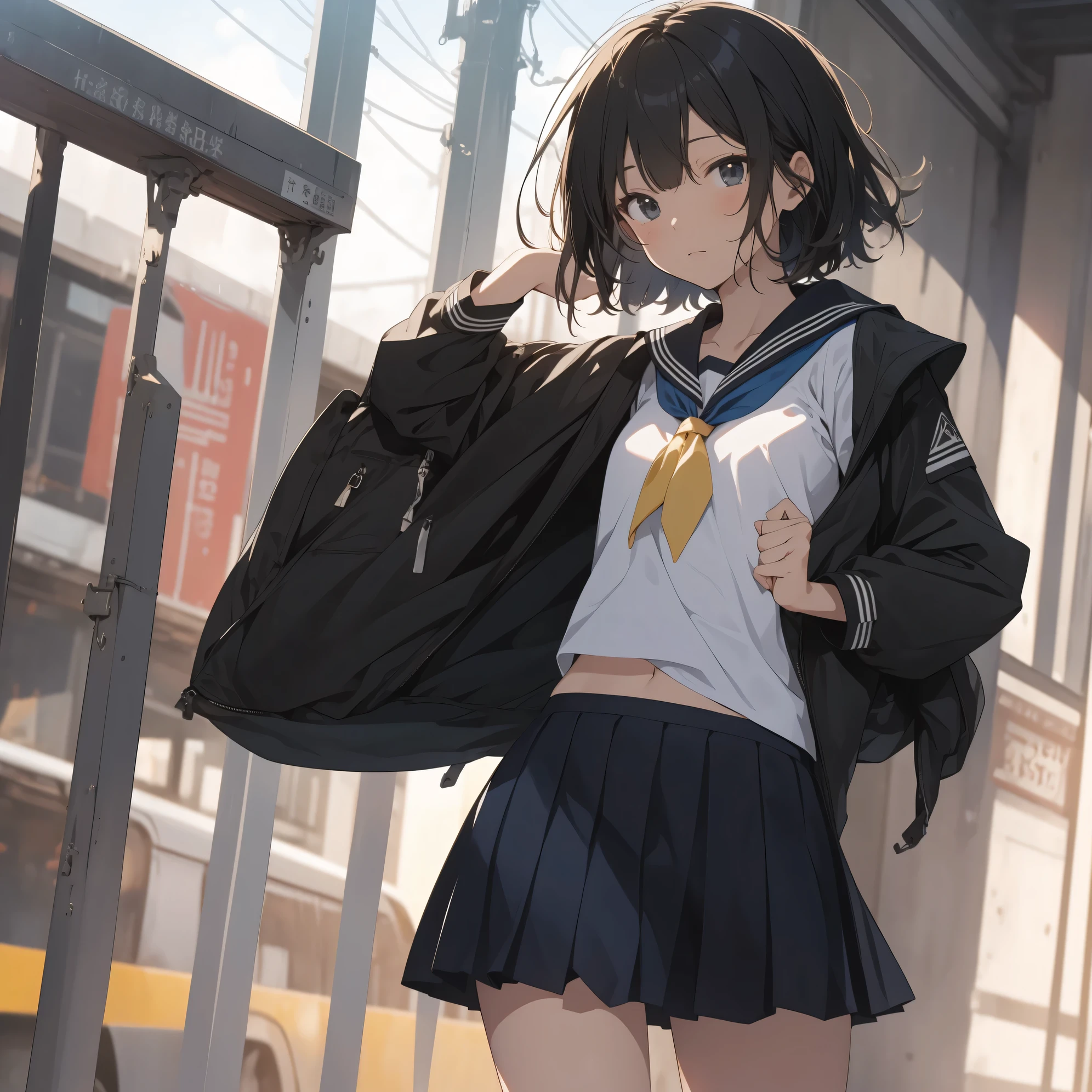 Ultra-highest quality by the art god, super detailed, High resolution, anime moe art style, Best Anime 8K Kona-chan Wallpaper, pixiv contest winner, perfect anatomy, break,(眠そうにalone学校へ行く女の子を描いてください. )break, 1 girl,(alone,little woman,13 years old:1.3),All limbs, full finger,, immature charm, (very short hair), bangs, flat chest, Because I'm slender, thin body, small ass, between legs, upward facing eyes, small eyes, black eye, detailed and beautiful eyes, Well-proportioned iris and pupils, expressive eyes, lips with beautiful details, High resolutionの詳細な髪, skirt, pleated skirt, neckerchief, sailor collar, school uniform, serahuku, shirt, school bag.(detailed lighting), (detailed background), On the way to school. break,super dense skin, Best lighting by famous artists, 8k, figure,Hmm, rough skin