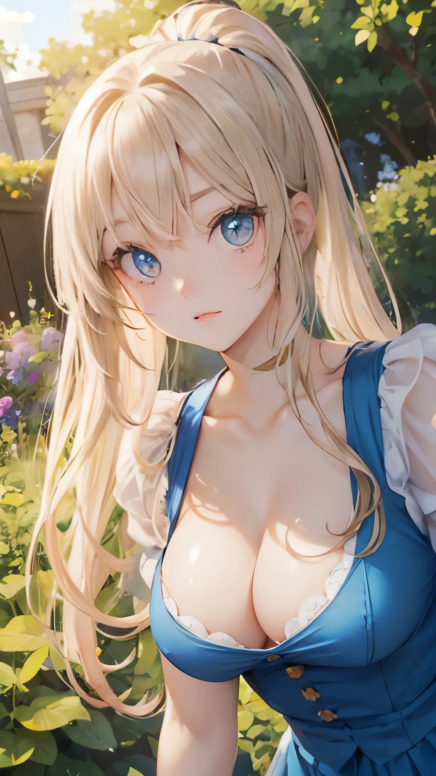 (masterpiece:1.2), (highest quality:1.2),, Curvy but slender body, perfect eyes, perfect face, perfect lighting, 1 girl, in the garden, (shirt),(whole bodyが見える),(company employee),(long pants),(suit),(ponytail),curly hair, fine clothes, detailed outdoor background, compensate, eye shadow, thick eyelashes, fantasy, looking at the viewer, whole body,alice in wonderland、blue sky、Bright and very beautiful face、young shiny glossy white shiny skin、the best beauty、the most beautiful bright blonde hair in the world、thin hair、long hair、Shining beautiful bangs、big shining blue eyes、Very beautiful and lovely 18 years old, the most beautiful girl in the world、small breasts