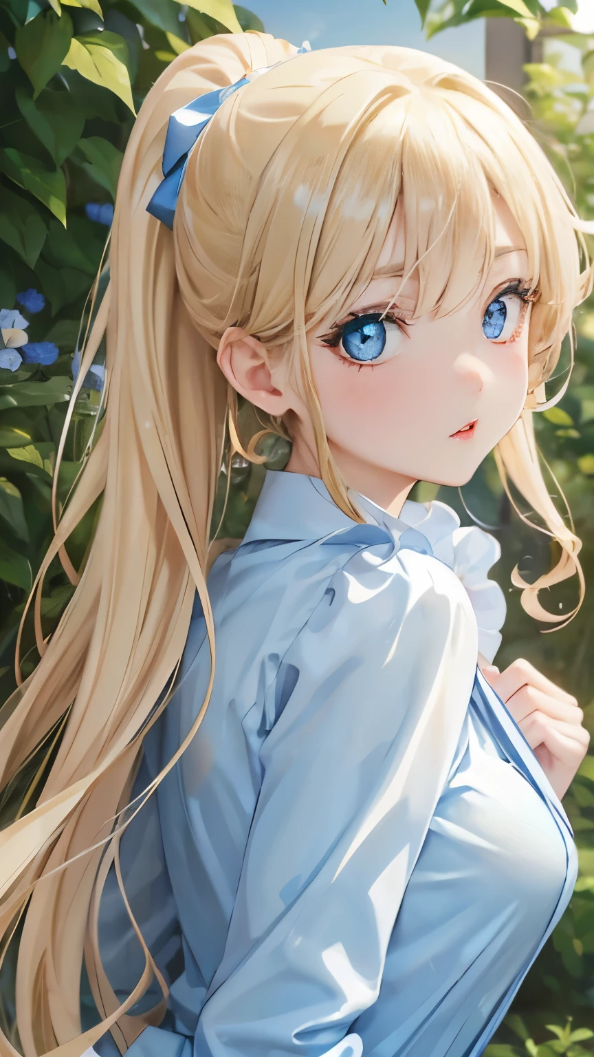 (masterpiece:1.2), (highest quality:1.2),, Curvy but slender body, perfect eyes, perfect face, perfect lighting, 1 girl, in the garden, (blouse),(whole bodyショット),(police officer),(ponytail), fine clothes, detailed outdoor background, compensate, eye shadow, thick eyelashes, fantasy, looking at the viewer, whole body、blue sky、Bright and very beautiful face、young shiny glossy white shiny skin、the best beauty、the most beautiful bright blonde hair in the world、thin hair、long hair、Shining beautiful bangs、big shining blue eyes、Very beautiful and lovely 18 years old, the most beautiful girl in the world、small breasts