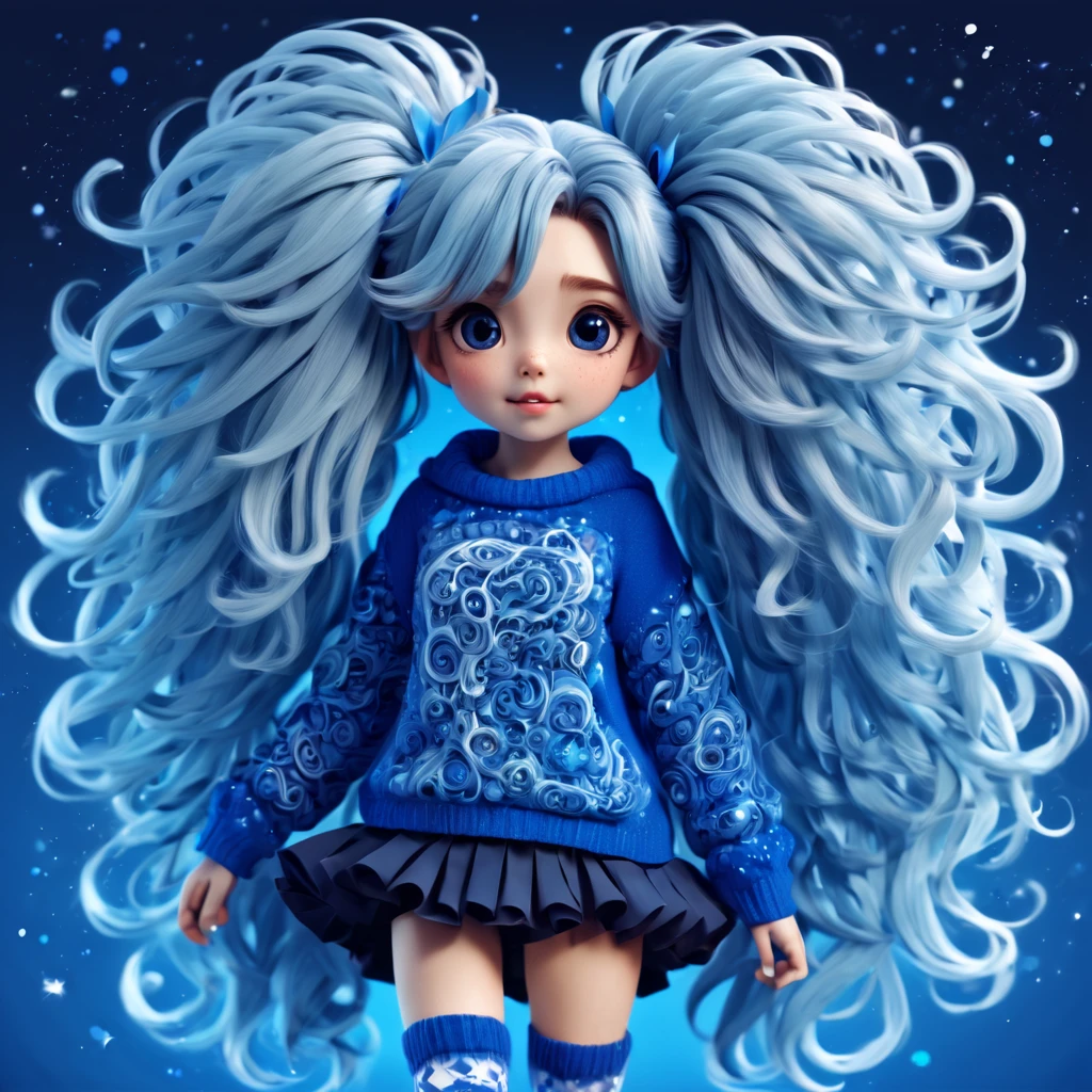 (best quality, highres), magical, blue theme, (magical cute girl:1.2). with (((exaggerated hair, huge fluffy hair", expanded hair, exagerated voluminous hair))), blue and white sweater with zentangle lines, details, (((horsehair, fluffy))), socks, shoes, origami hair texture,