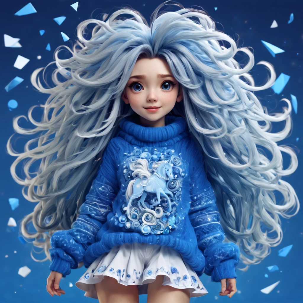 (best quality, highres), magical, blue theme, (magical cute girl:1.2). with (((exaggerated hair, huge fluffy hair", expanded hair, exagerated voluminous hair))), blue and white sweater with zentangle lines, details, (((horsehair, fluffy))), socks, shoes, origami hair texture,