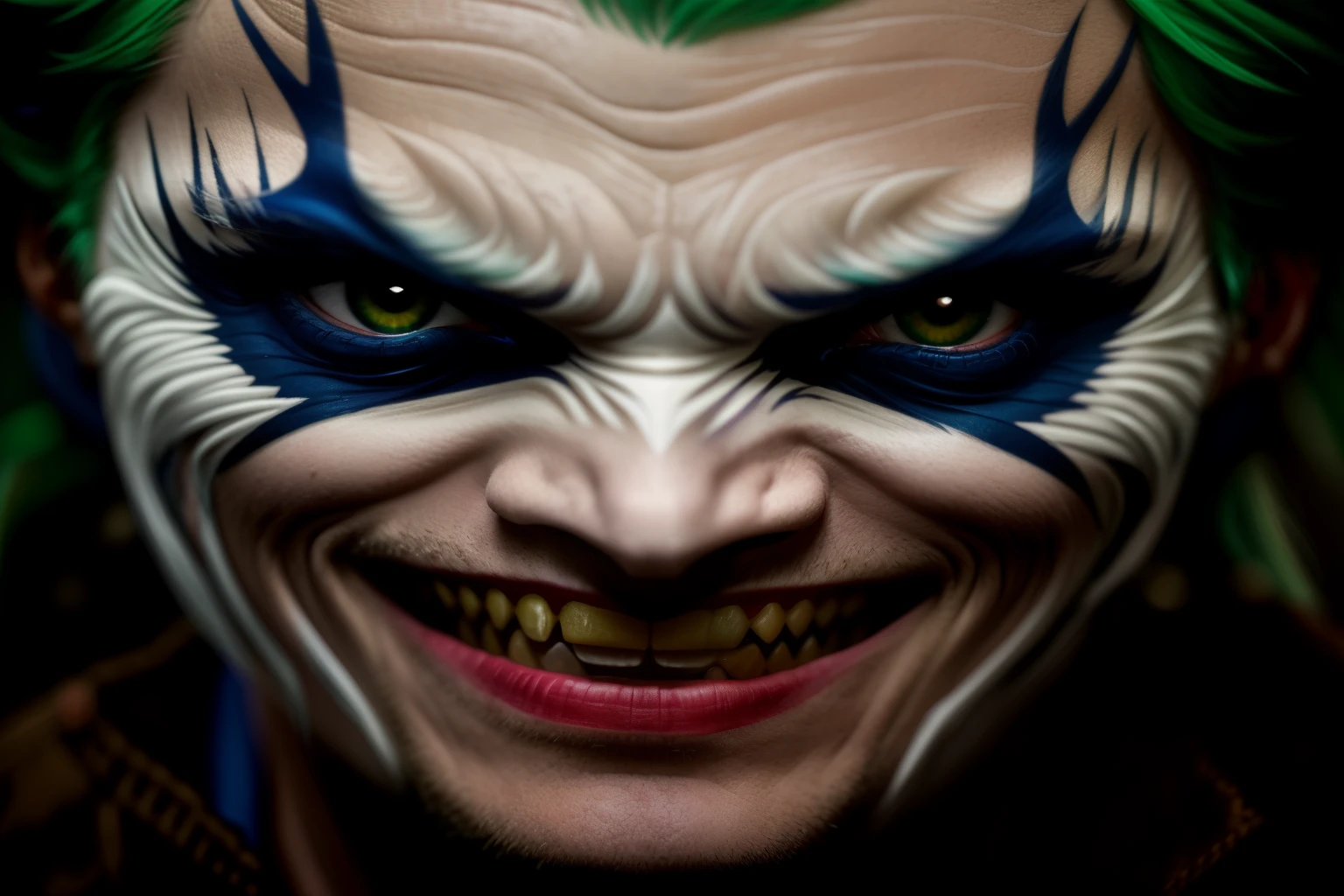 palhaço's face with a green hair and blue eyes, as the palhaço, palhaço smile, remarkable palhaço make up, palhaço makeup, the palhaço, portrait of a palhaço, palhaço looks like naruto, grotesque palhaço, willem dafoe as the palhaço, sorriso horrível. Horror, portrait of palhaço, palhaço, sorriso assustador, portrait of the palhaço, batman as the palhaço