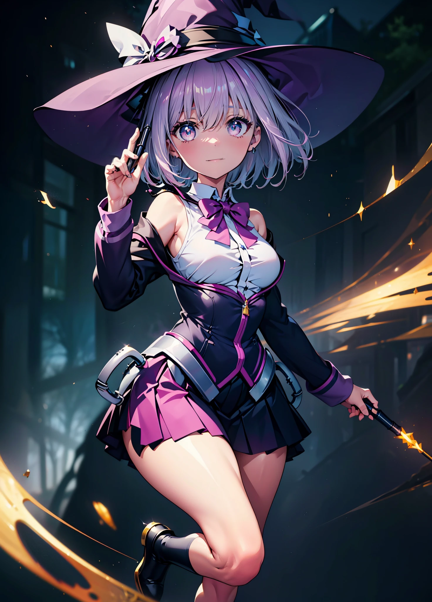 akaneshinjou, shinjou akane, Place your right hand on your waist,He has a magic wand in his left hand,light purple hair, (pink eyes:1.2), smiling short hair,witch hat,purple sleeveless dress,mini skirt,Gray pantyhose,short boots,
break outdoors, forest,
break looking at viewer, Upper body,whole body,　　　　　　　　　　break (masterpiece:1.2), highest quality, High resolution, unity 8k wallpaper, (figure:0.8), (detailed and beautiful eyes:1.6), highly detailed face, perfect lighting, Very detailed CG, (perfect hands, perfect anatomy),