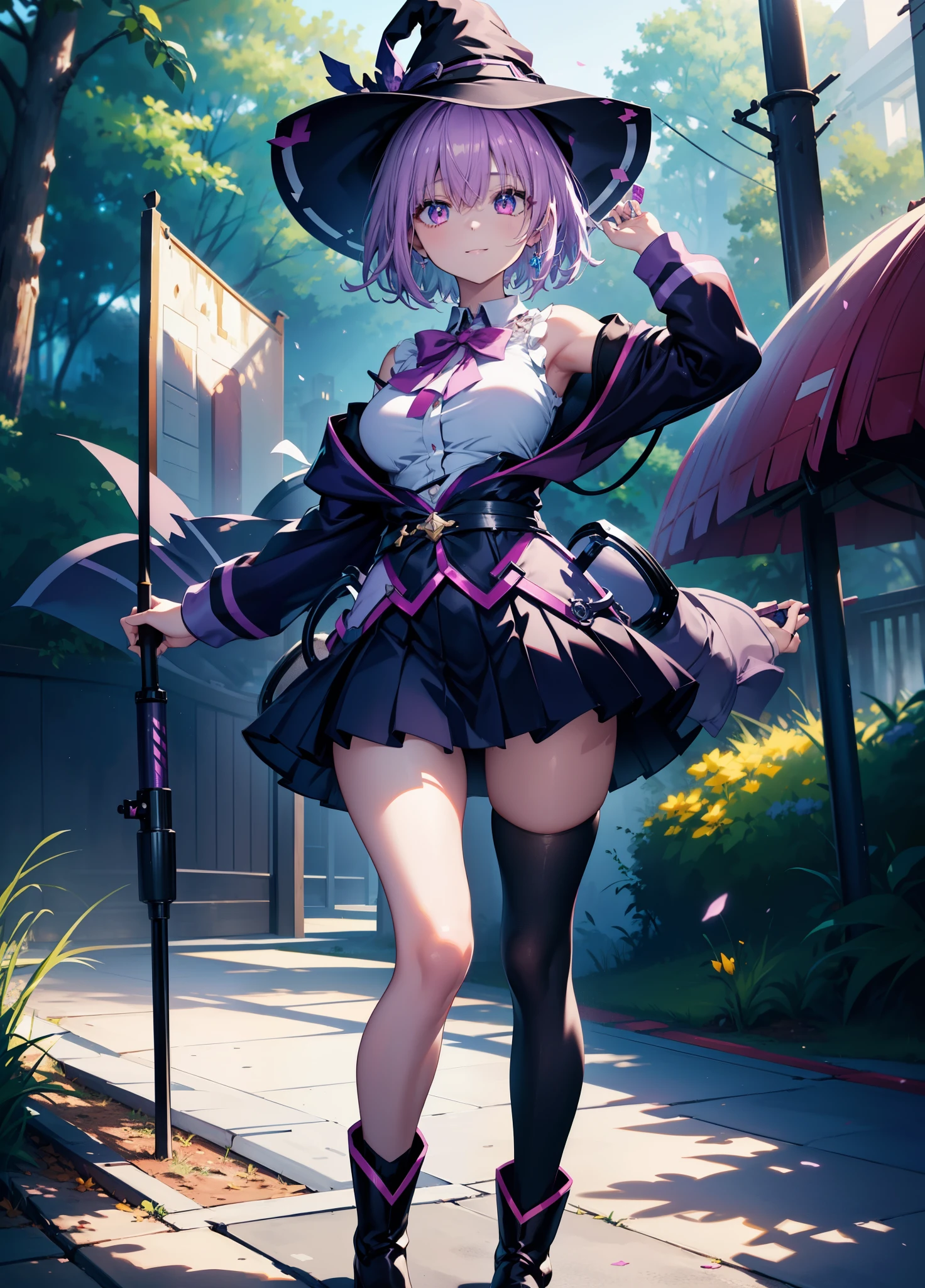 akaneshinjou, shinjou akane, Place your right hand on your waist,He has a magic wand in his left hand,light purple hair, (pink eyes:1.2), smiling short hair,witch hat,purple sleeveless dress,mini skirt,Gray pantyhose,short boots,
break outdoors, forest,
break looking at viewer, Upper body,whole body,　　　　　　　　　　break (masterpiece:1.2), highest quality, High resolution, unity 8k wallpaper, (figure:0.8), (detailed and beautiful eyes:1.6), highly detailed face, perfect lighting, Very detailed CG, (perfect hands, perfect anatomy),