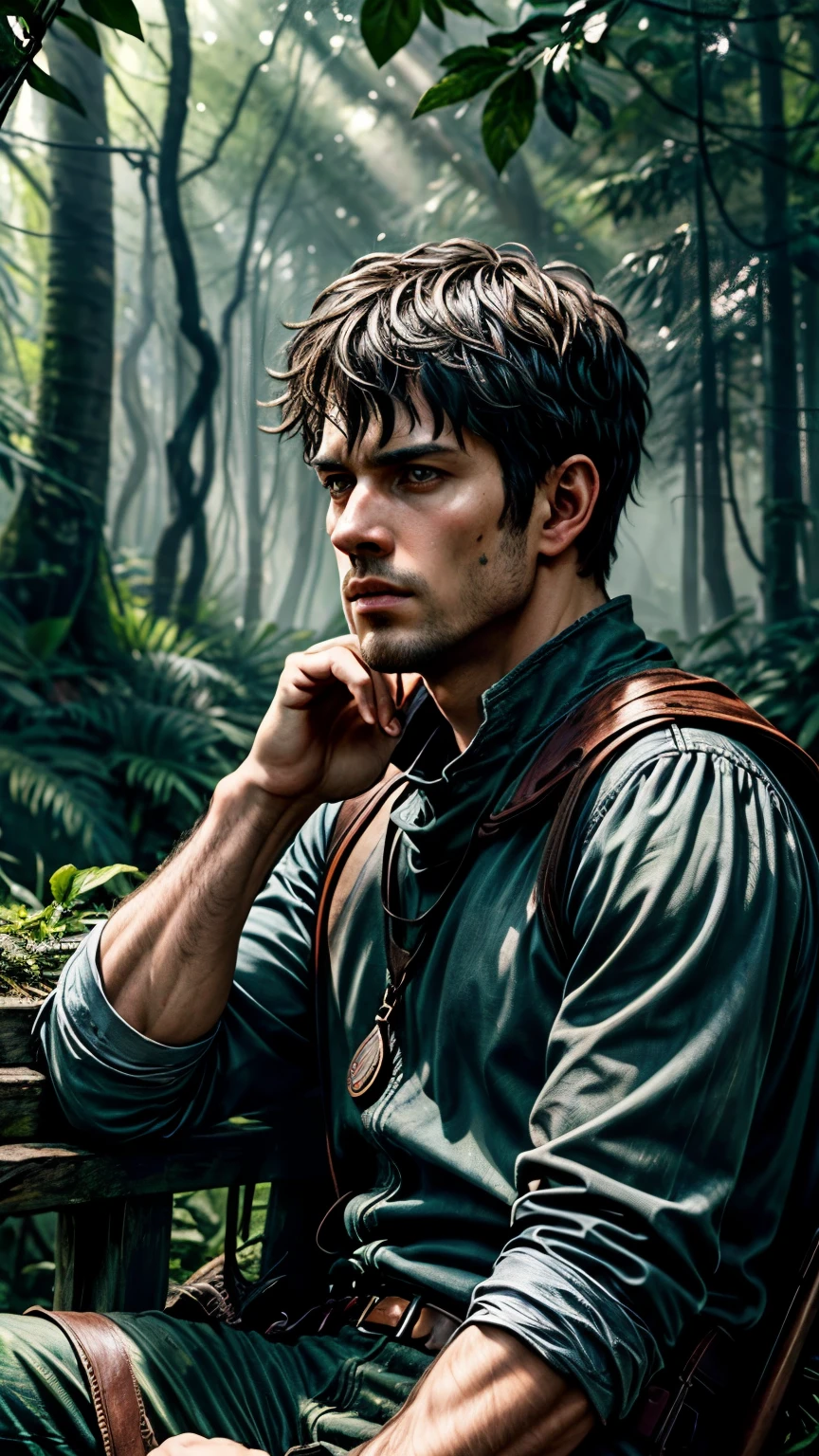 (best quality, highres, masterpiece:1.2), (ultra-detailed), (realistic:1.37), (vivid colors), (sharp focus), (professional)
(digital art), (oil painting), (fine art), (photorealistic), (detailed illustration)
1man, Guts from Berserk, sitting under a tree, detailed face, intense expression
(dense foliage), (sunlight filtering through the leaves), (dynamic shadows)
(scenic background), (rustling leaves), (serene atmosphere)
(dark fantasy), (action), (adventure), (epic), (anime), (heroic)
(warm color palette), (contrasting colors), (subtle color gradients)
(striking highlights), (soft shadows), (ambient light), (natural lighting)
Please generate a prompt based on the given theme. Remember to follow the format requirements and include at least 5 additional details.