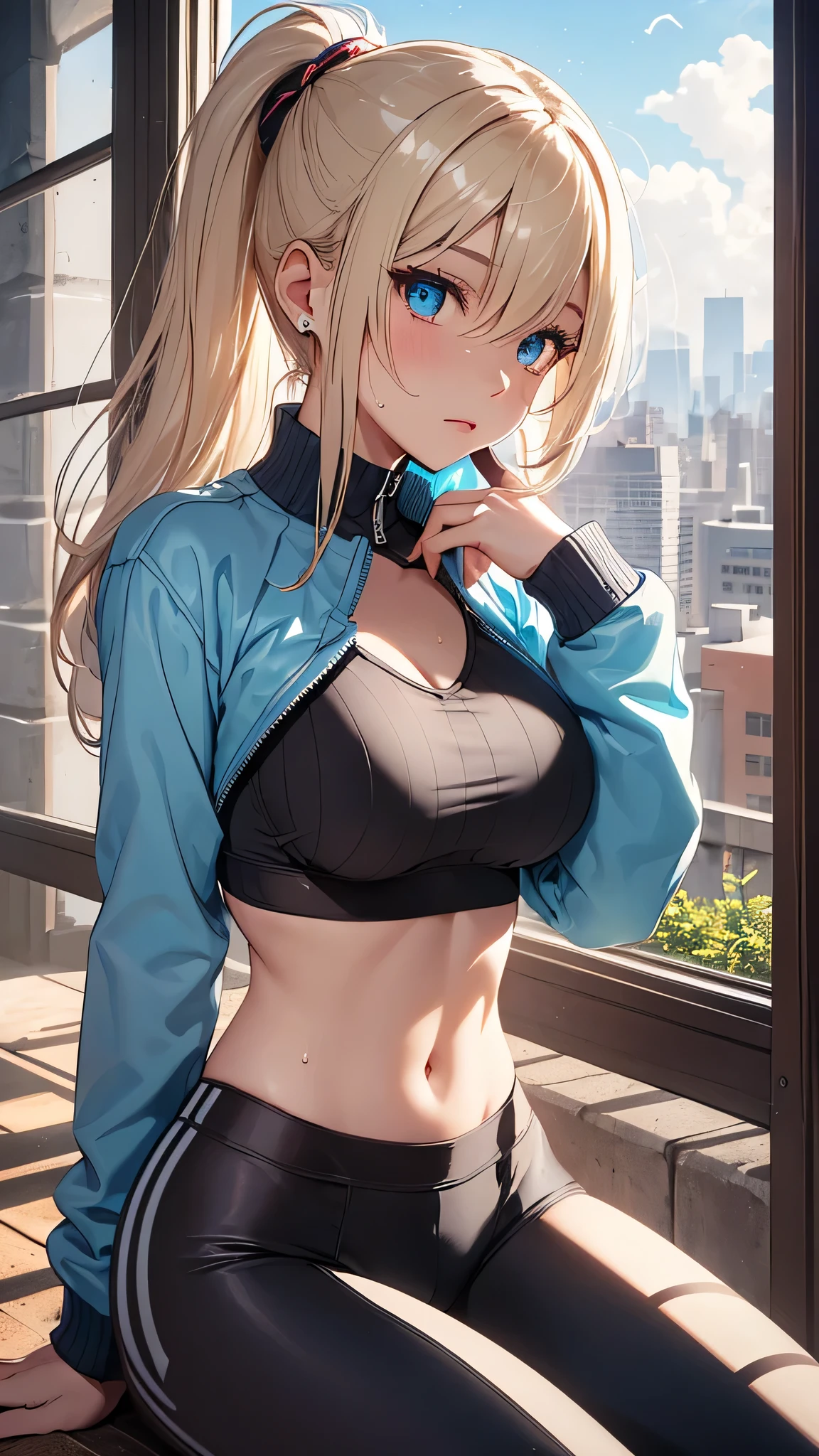 最high quality、best image quality、masterpiece、teenage girl((20-year-old、 By becoming、vest bust、medium bust,wide open breast tea、shining eyes, blonde hair、long hair、thin,highest valley、ponytail、blue sports bra(1:2)、Blue sports pants、sweating、scattering of sweat、Flushed body、black jacket、sit on a chair、gameplay)),high quality、beautiful art、background((garden、Squirting、bright sky))debris flies、Depth of written boundary、movie、visual art、perfect art、8k,genuine、