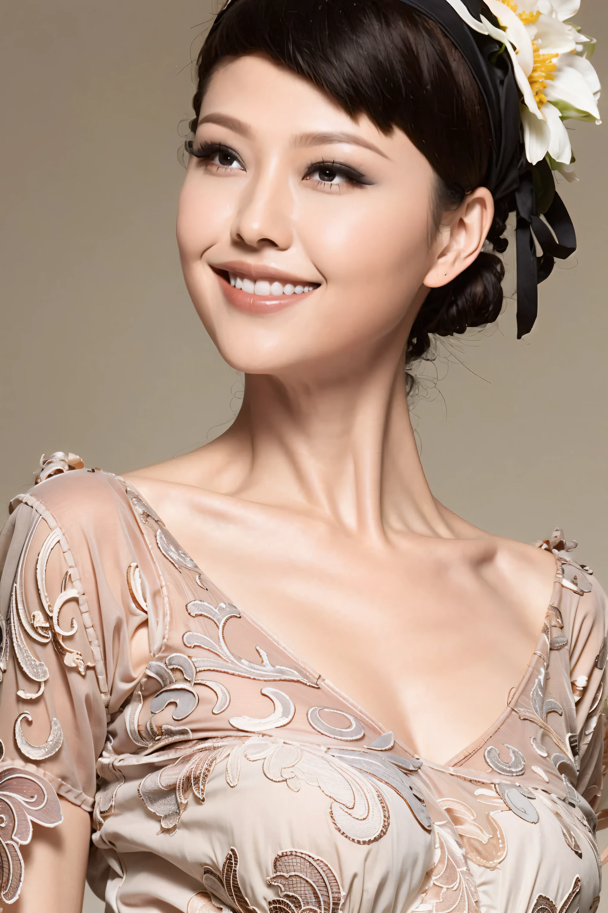 fashion model 20 years old [[[[close up]]]], [[[[neck]]]], [[[[Shoulder]]]], perfect eyes, perfect iris，perfect lips，perfect teeth，Perfect skin，White skin，Soft headlight，High Density Imaging Review，long black hair，（Face is clear and delicate），((white lace underwear))，((Sexy))，(((charming smile)))，((Half body photo))，((The background is the bedroom))，((Deluxe king bed))，best quality，masterpiece，（pastel colors：1.2）
