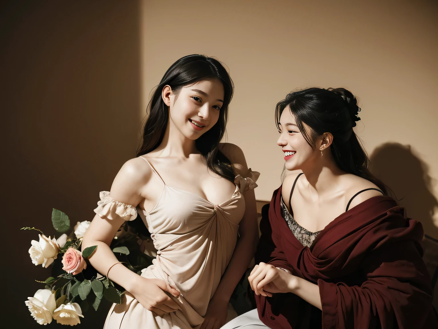 full body portrait ,fruits,Rose ,flower,Rosa,antique,A smile,,Sweet and seductive appearance.、Caravaggio's paintings、Chiaroscuro of Caravaggio,Two women frolicking,Cute smile, Expression of ecstasy