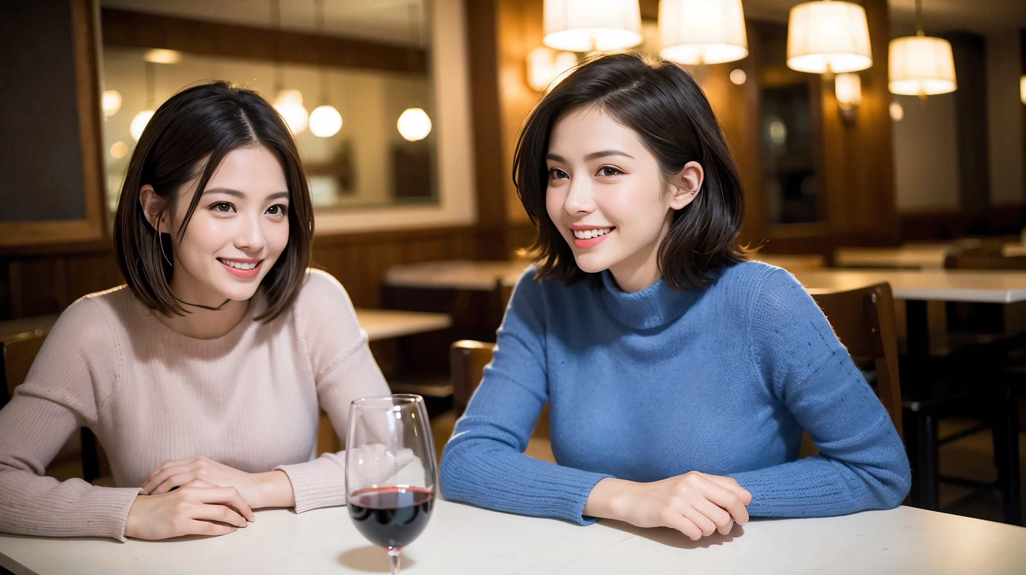 (64k included、nffsw、highest quality、masterpiece:1.2)、(realistic、Photoreal:1.37)、super detailed、wine glass、while enjoying wine、mature woman、two beautiful women、(slim face)、(Because I&#39;m slender)、（brown hair）、(shortcut)、Latino、smiling french woman、happy italian girl、british woman、Americana、slightly reddening cheeks、(36 years old)、39 years old、red wine、窓の外には美しく緻密なnight景が広がります.........、restaurant、目立つ場所にあるwine glass、night、(from the waist up)、sit on top、date、(laughter:1.15)、detailed and beautiful eyes、cashmere sweater、long sleeve dress、Japanese、(short hair:1.2)、Float NovaFrogStyle、、modeled、from the waist up、White wine、turned into slime、wine glass、超綺麗なnight景、wine glassを真ん中に置きます、Smile、(8k、Raw photo、highest quality、masterpiece:1.2)、(realistic、Photoreal:1.37)、super detailed、Super high resolution、2 females、see the beholder、beautiful and detailed face、laughter、narrow、(slim waist) :1.3)、knit shirt、Fine and beautiful skin、skin texture、floating hair、professional light needle breast、kind eyes